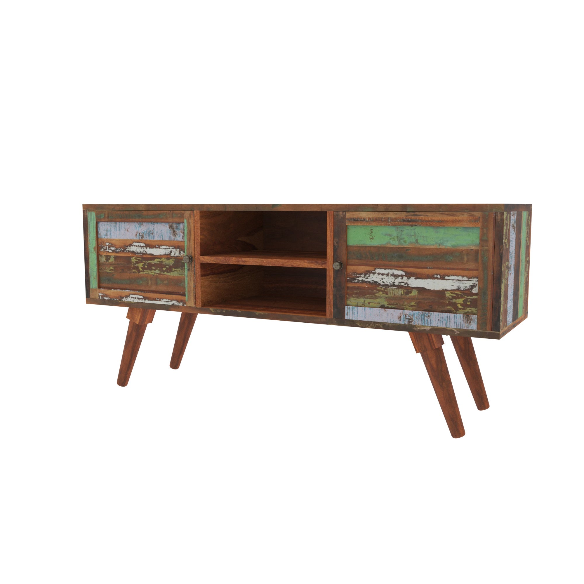 Colorful Reclaimed Wood TV Stand - Mid-Century Entertainment Console Tv stand