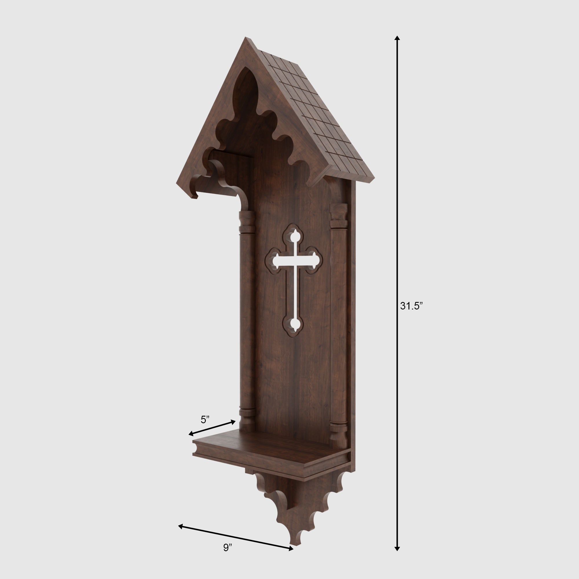 Handcrafted Gothic Wall-Mounted Altar Shelf with Cross & Pointed Arch Canopy Altar