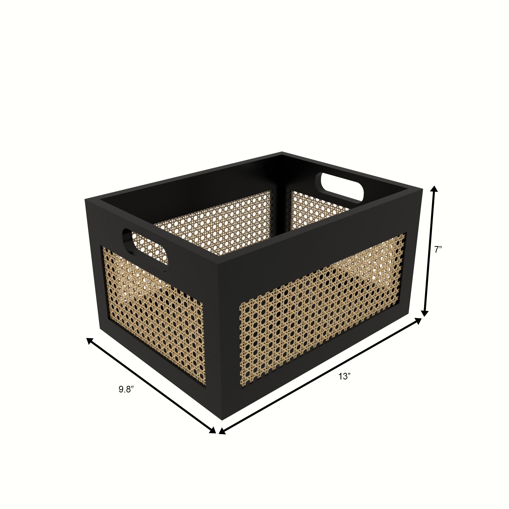 Black Cane Storage Crate - Modern Organizer with Natural Rattan Webbing Wooden Box