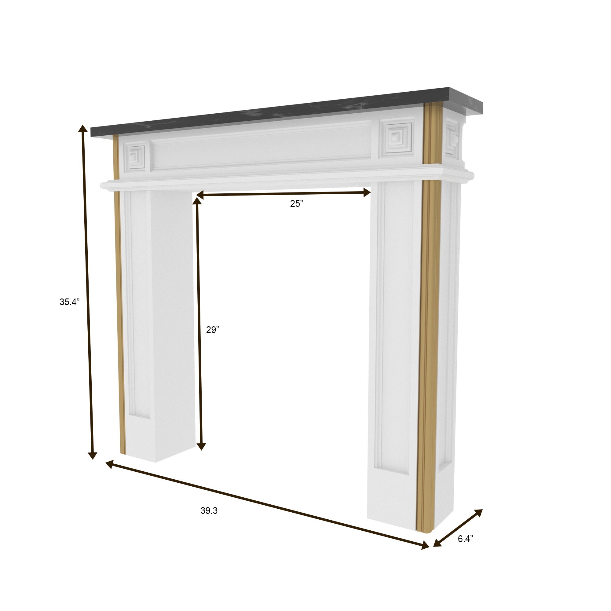Classic Fireplace Mantel with Gold Accent Details and Dark Top Fire Mantel