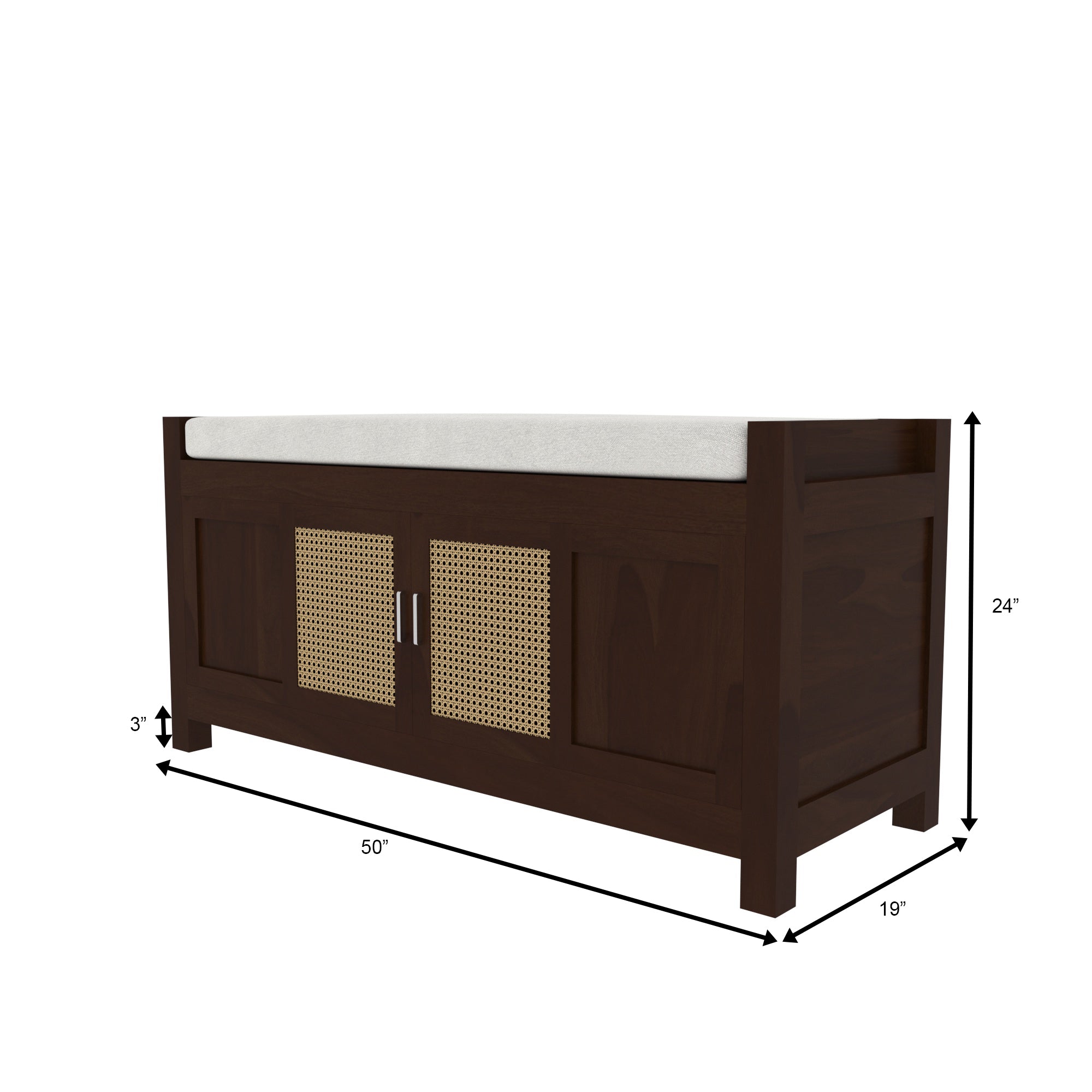 Handcrafted Wooden Storage Bench with Cane Webbing Doors - Grey Cushioned Top Bench