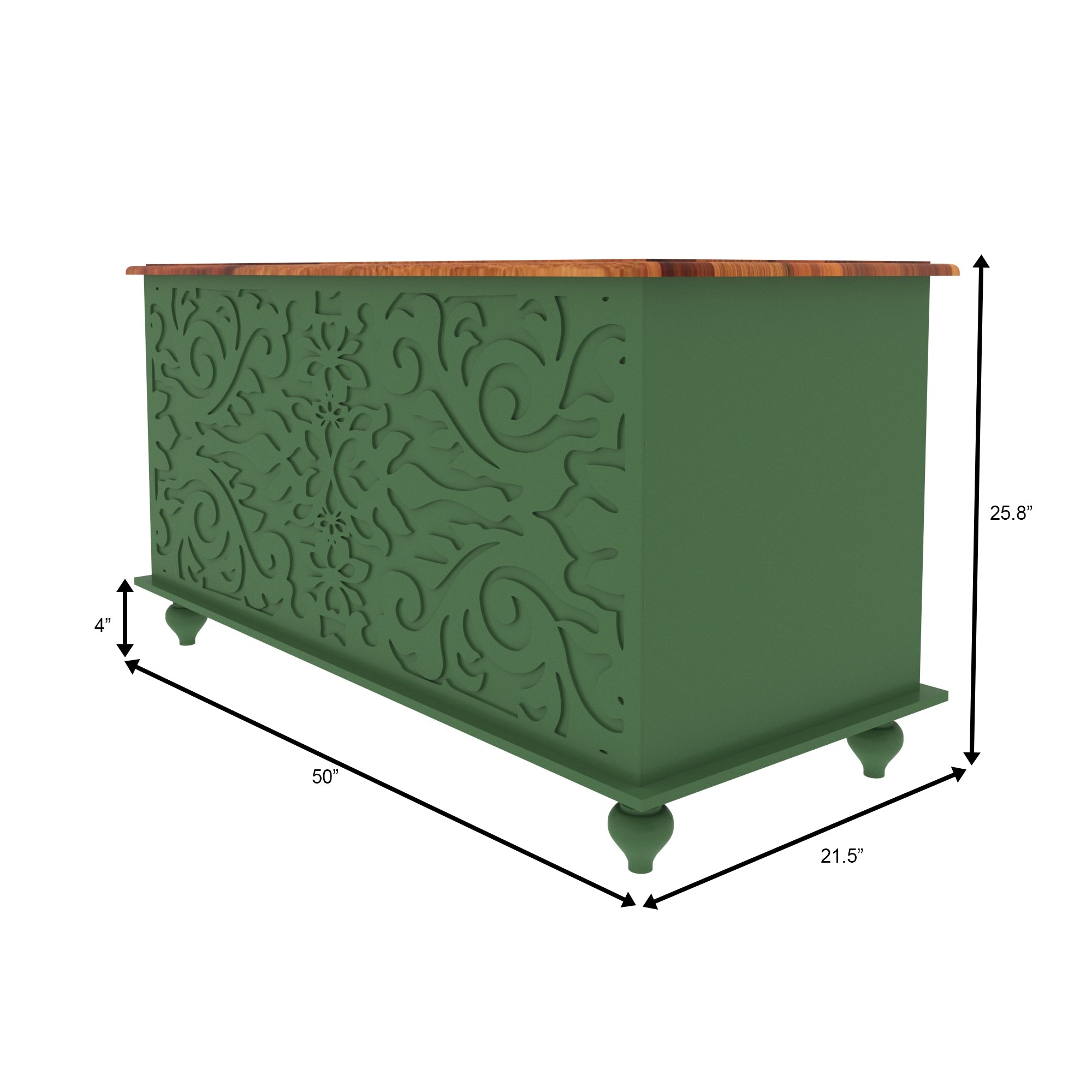 Handcrafted Green Painted Storage Chest with Carved Floral Patterns - Wooden Top Wooden Box
