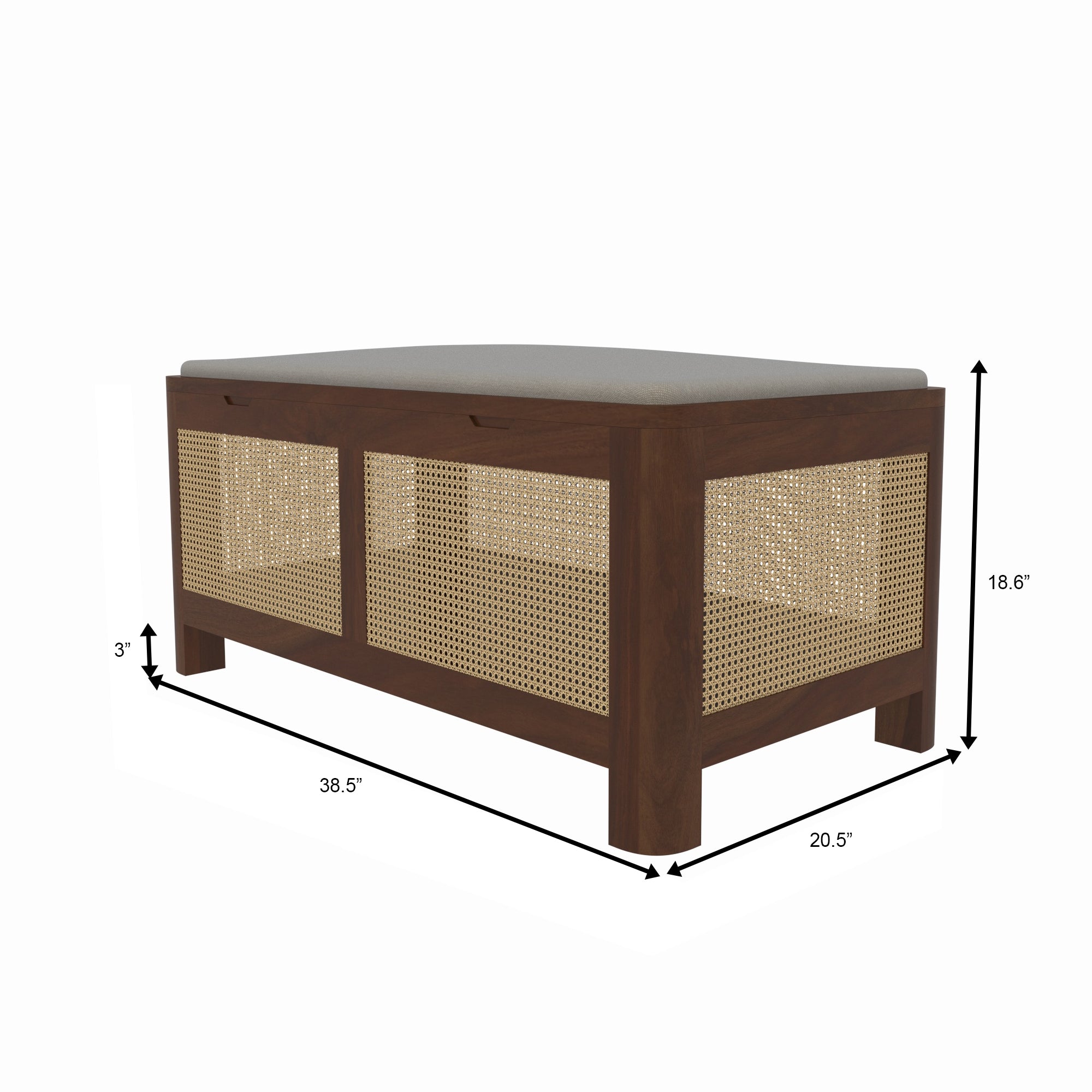 Handcrafted Wooden Storage Bench with 360-Degree Cane Webbing - Grey Cushioned Top Bench