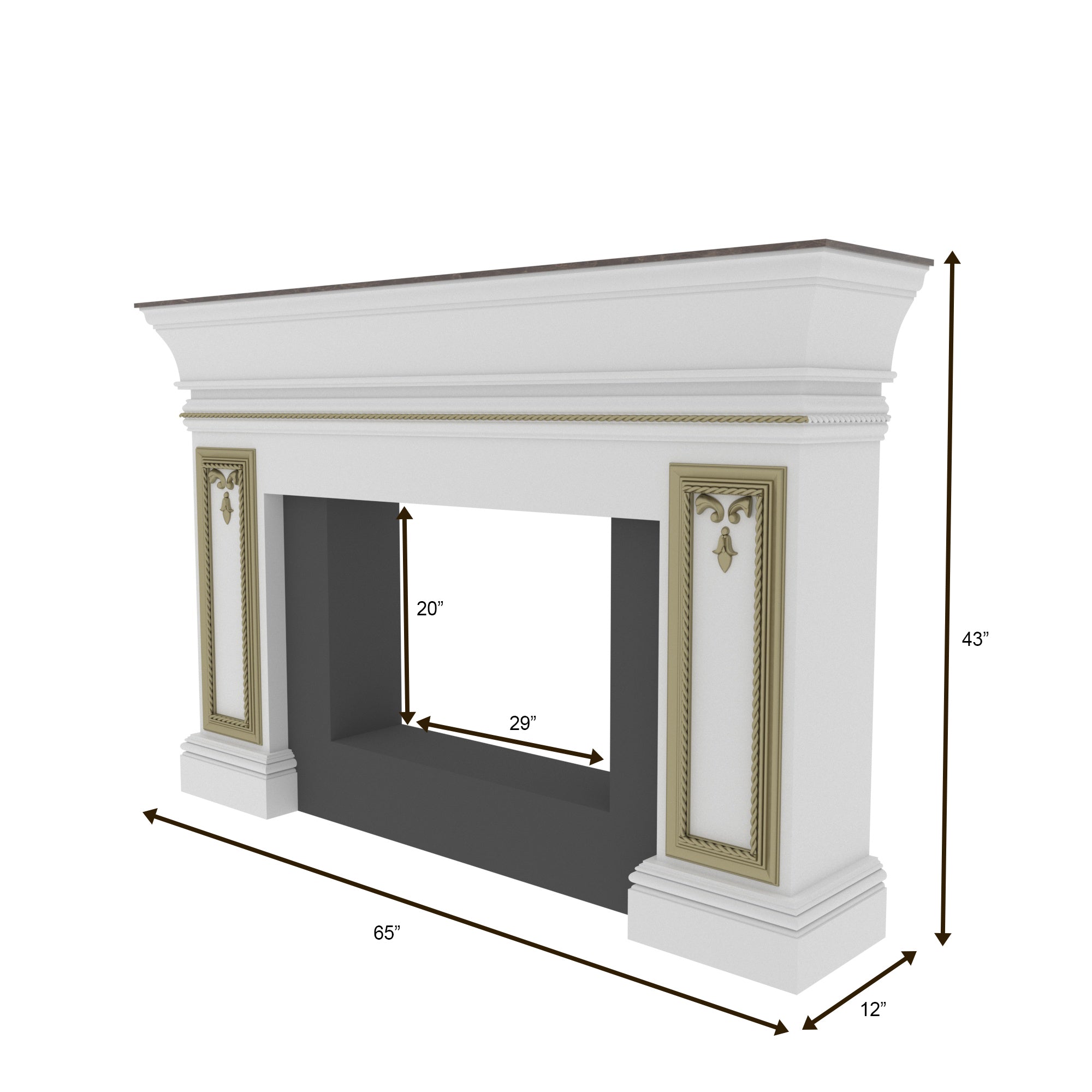 Grand Fireplace Mantel with Fluted Columns and Gold Accent Trim Fire Mantel