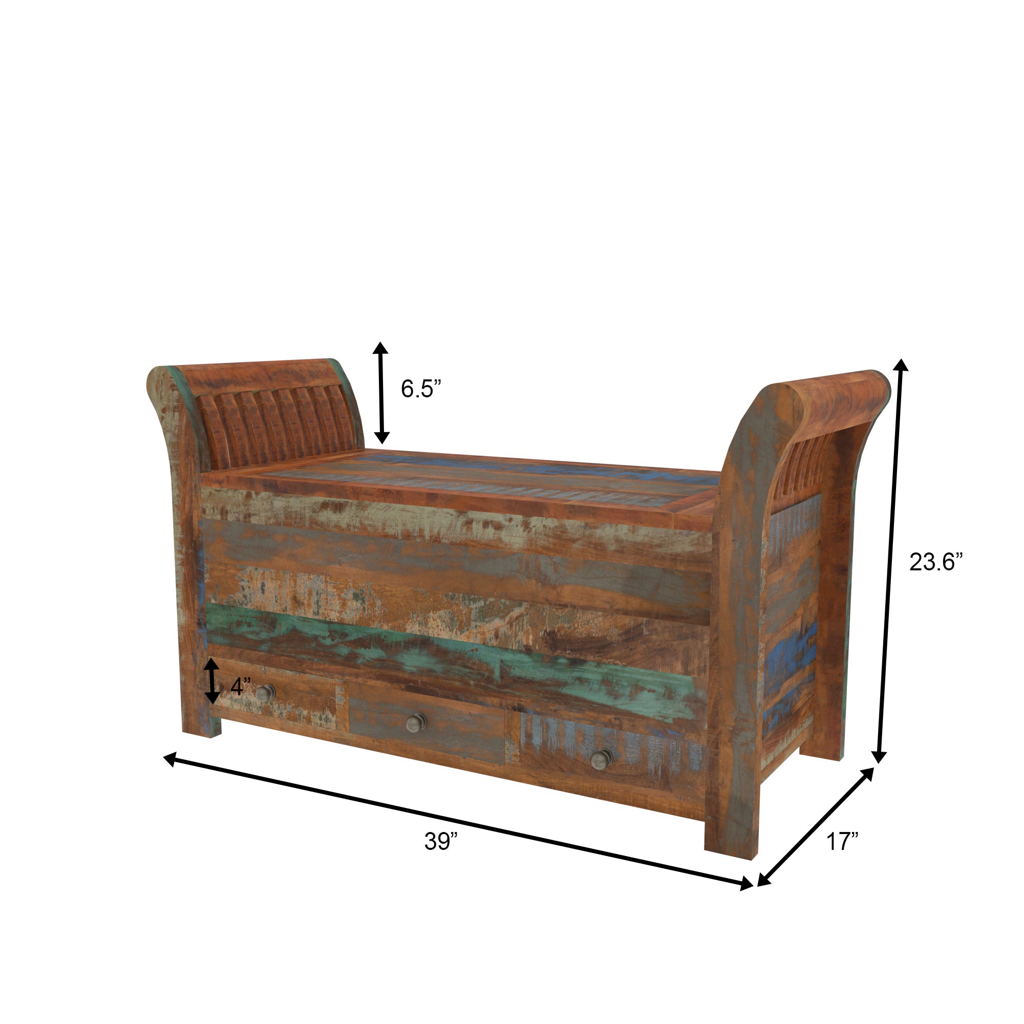 Colorful Reclaimed Wood Storage Bench - Sleigh Style Entryway Seat Bench