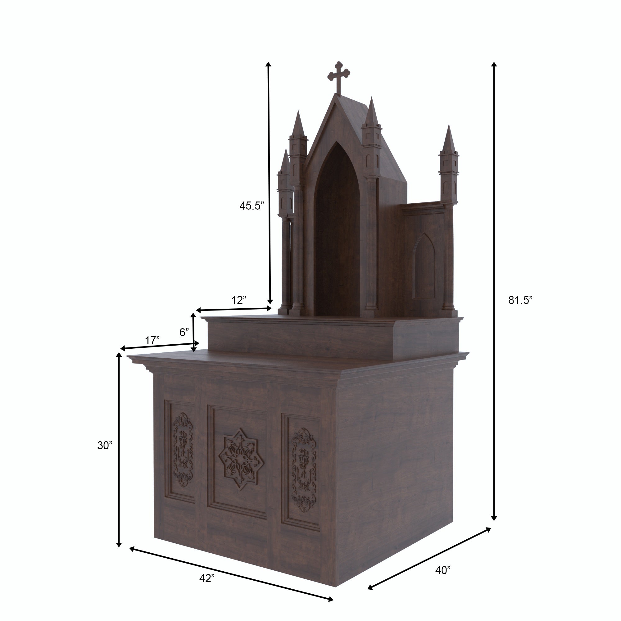 Gothic Cathedral Freestanding Wooden Altar with Carved Cabinet Base & Multi-Spire Top Altar