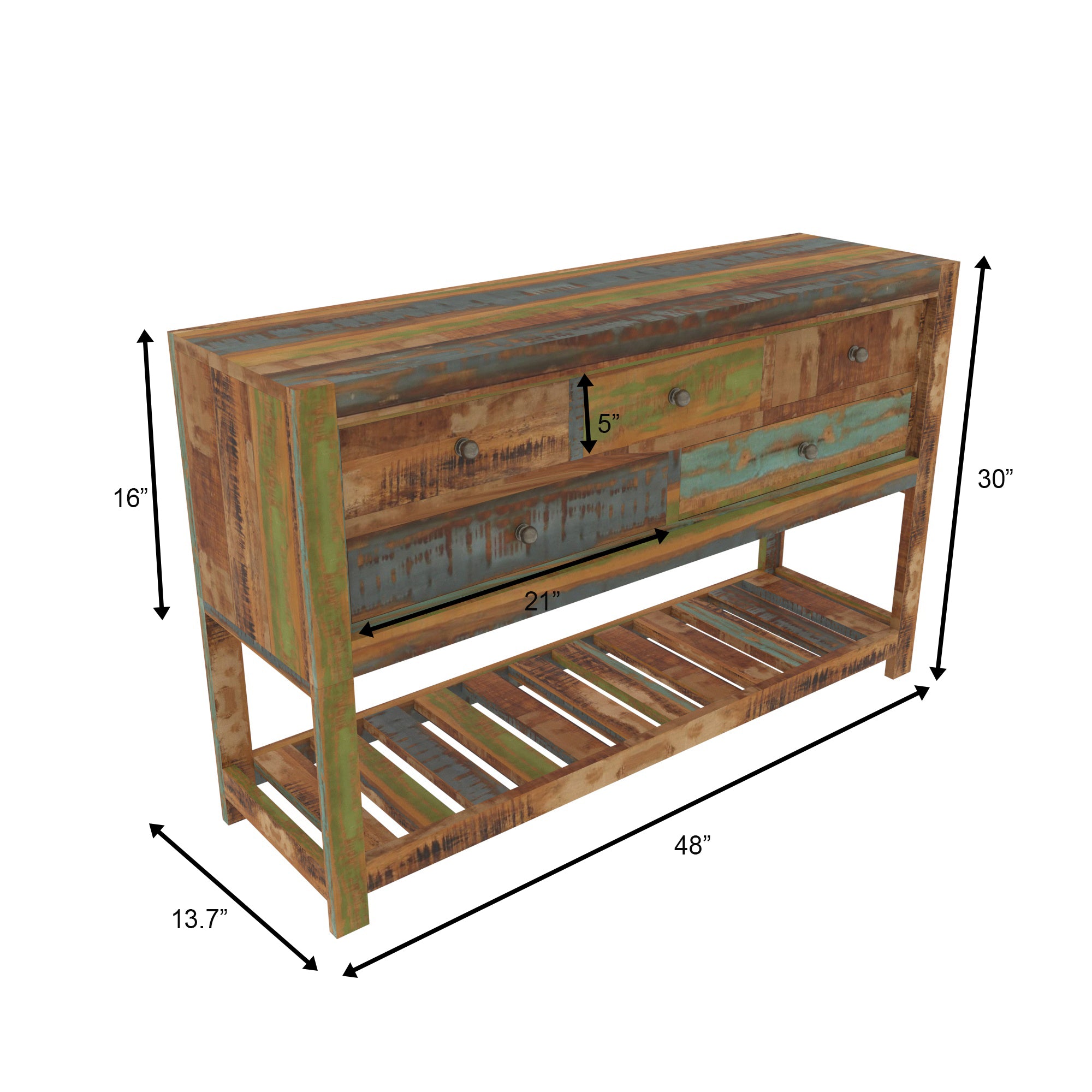 Colorful Reclaimed Wood Console Table - Rustic Entryway Storage Cupboard