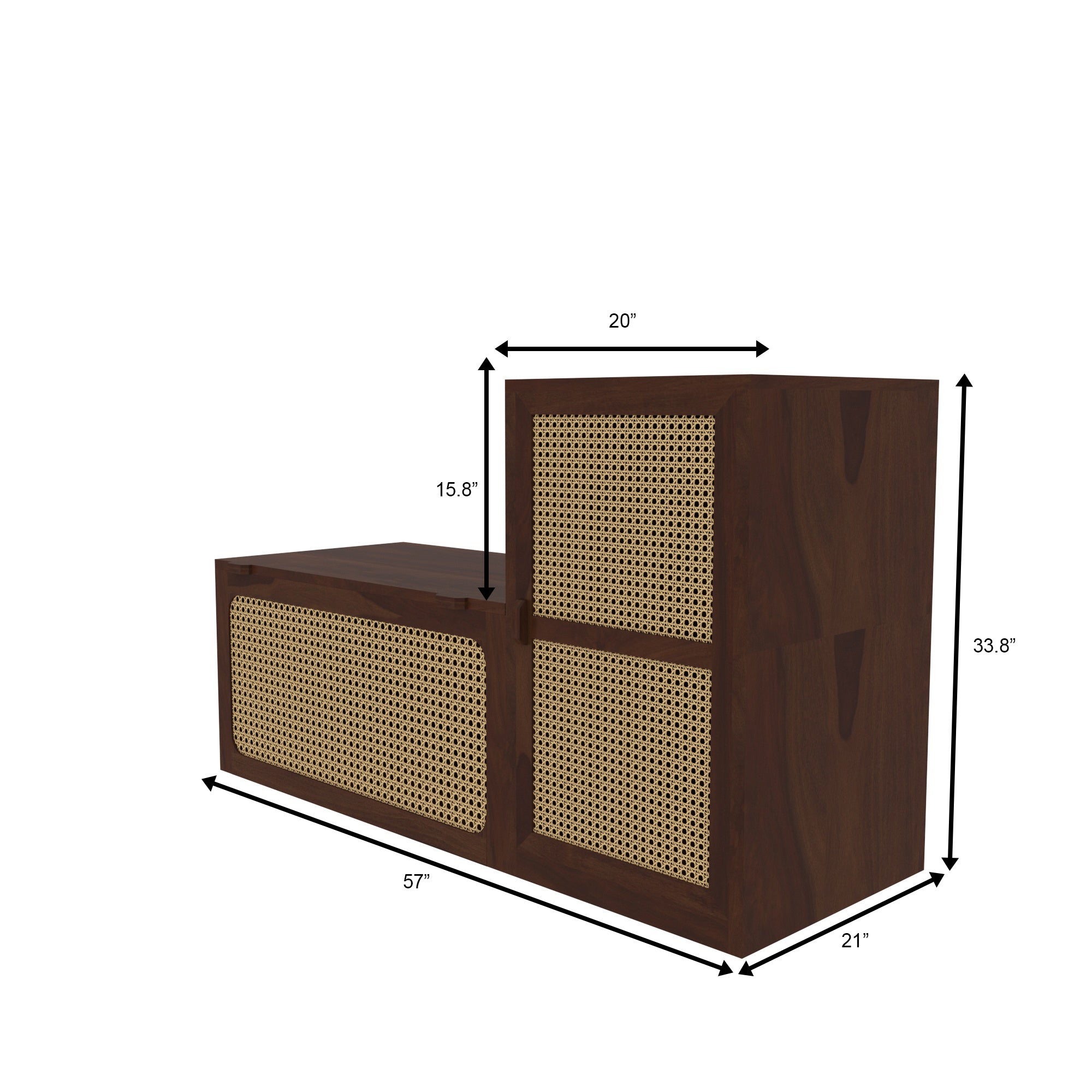 Handcrafted Wooden Storage Bench with Cane Webbing and Cushioned Top Shoe rack