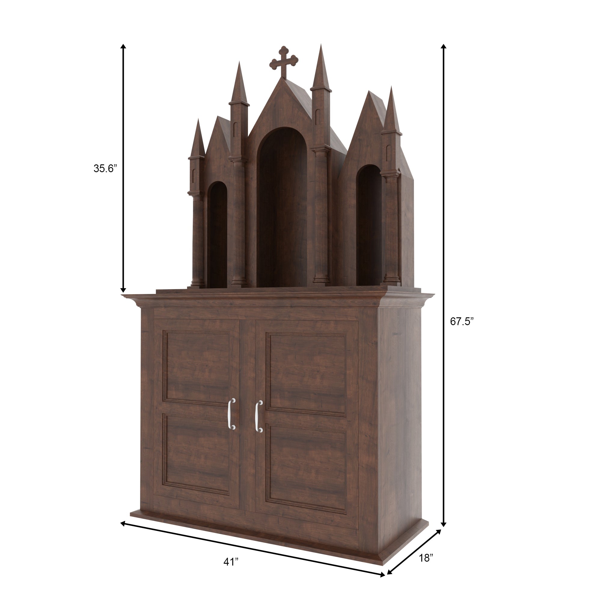 Gothic Freestanding Wooden Altar with Triple Arch Niches, Multi-Spire Top & Storage Cabinet Altar