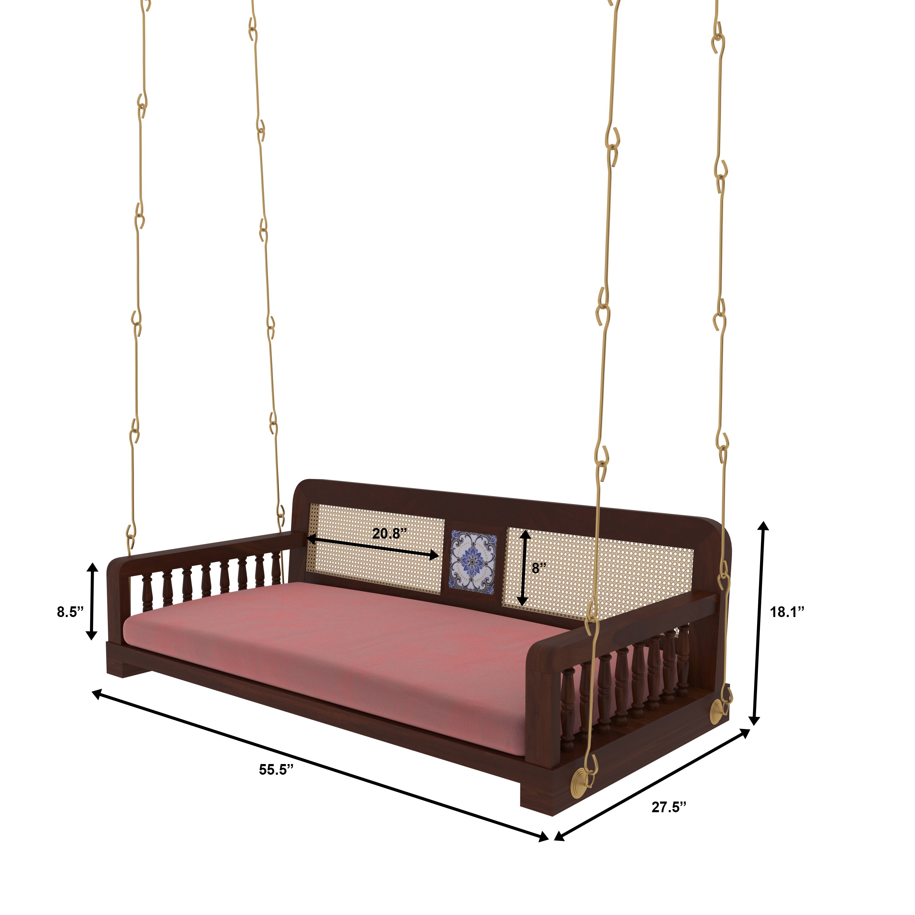 Classic Wooden Swing with Cane Backrest and Cushioned Seating – Indoor Jhula for Home Swing