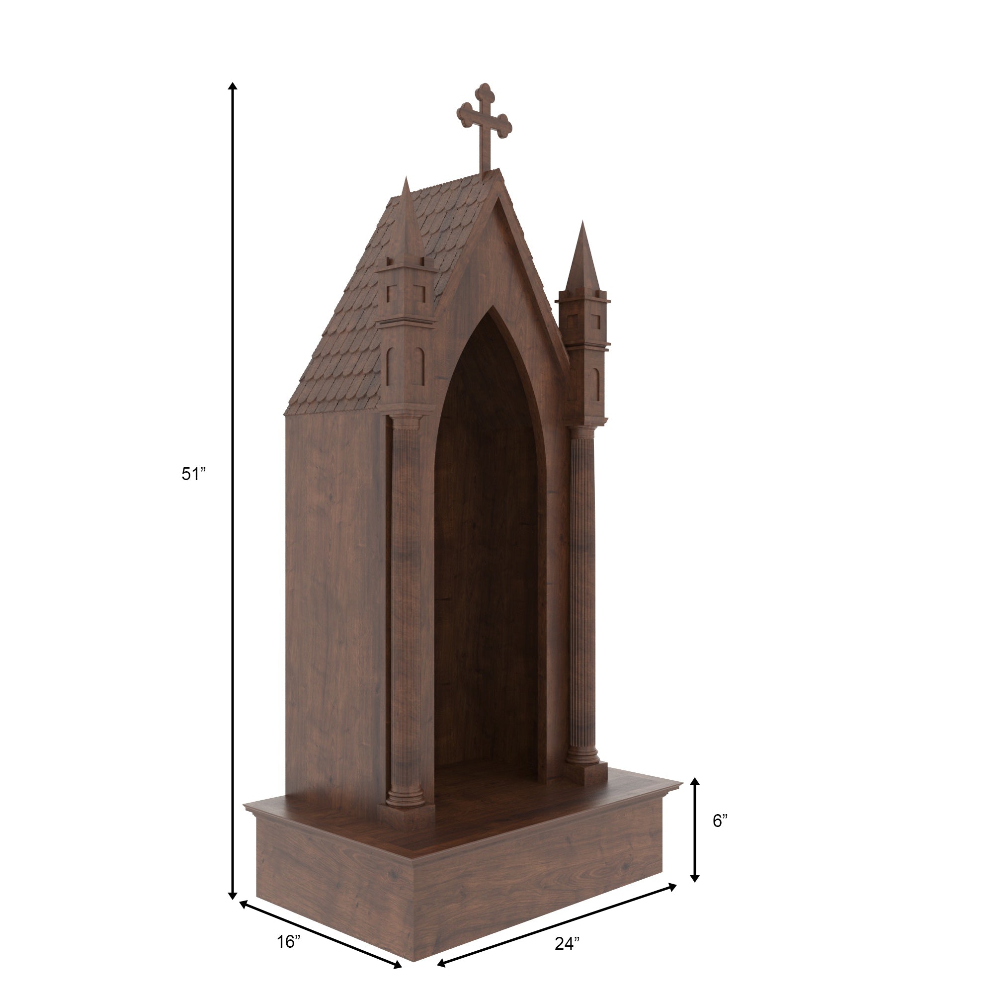 Gothic Cathedral Wooden Altar with Pointed Arch Niche, Fluted Columns & Twin Spires Altar
