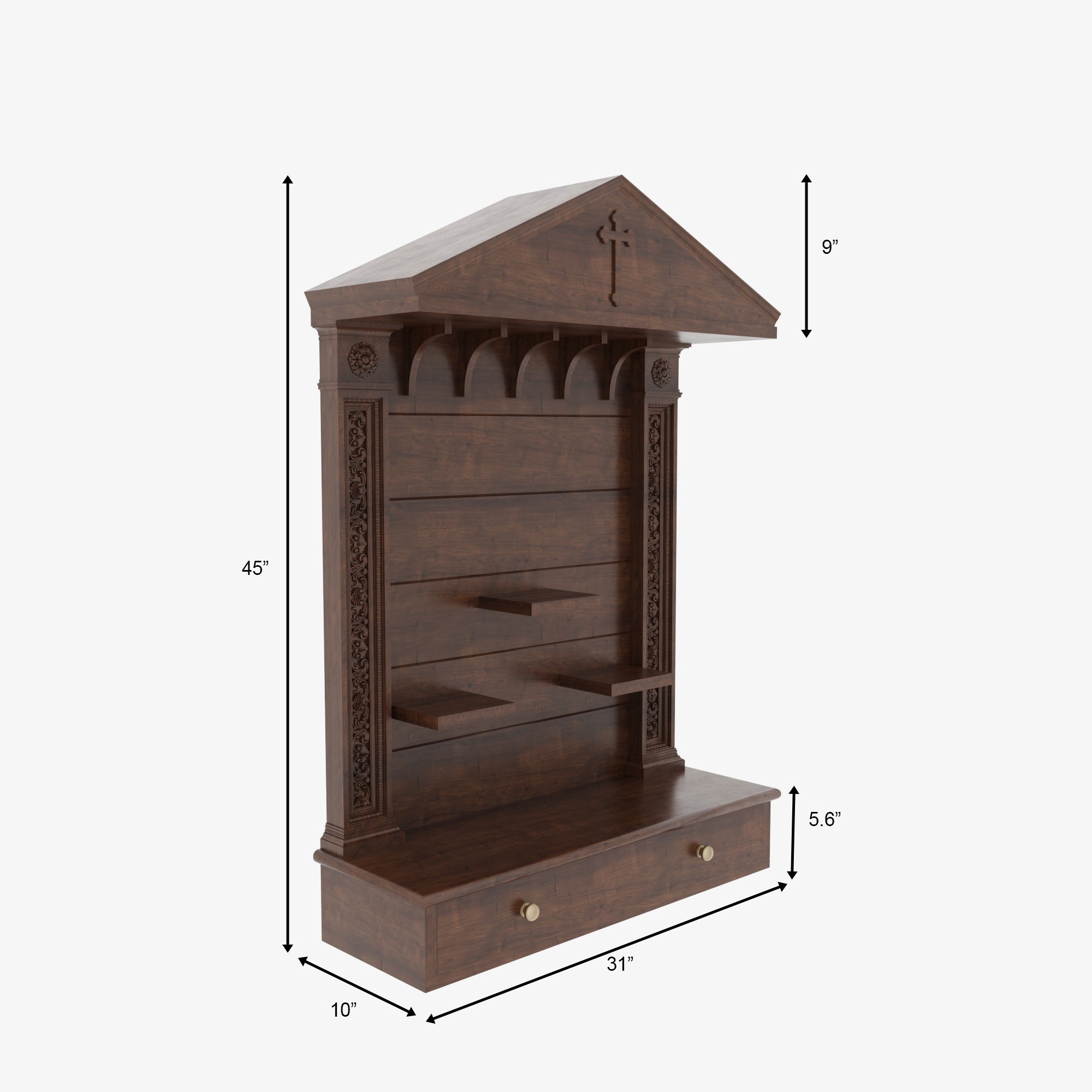 Wooden Wall Altar with Gabled Roof, Carved Columns & Drawer Altar