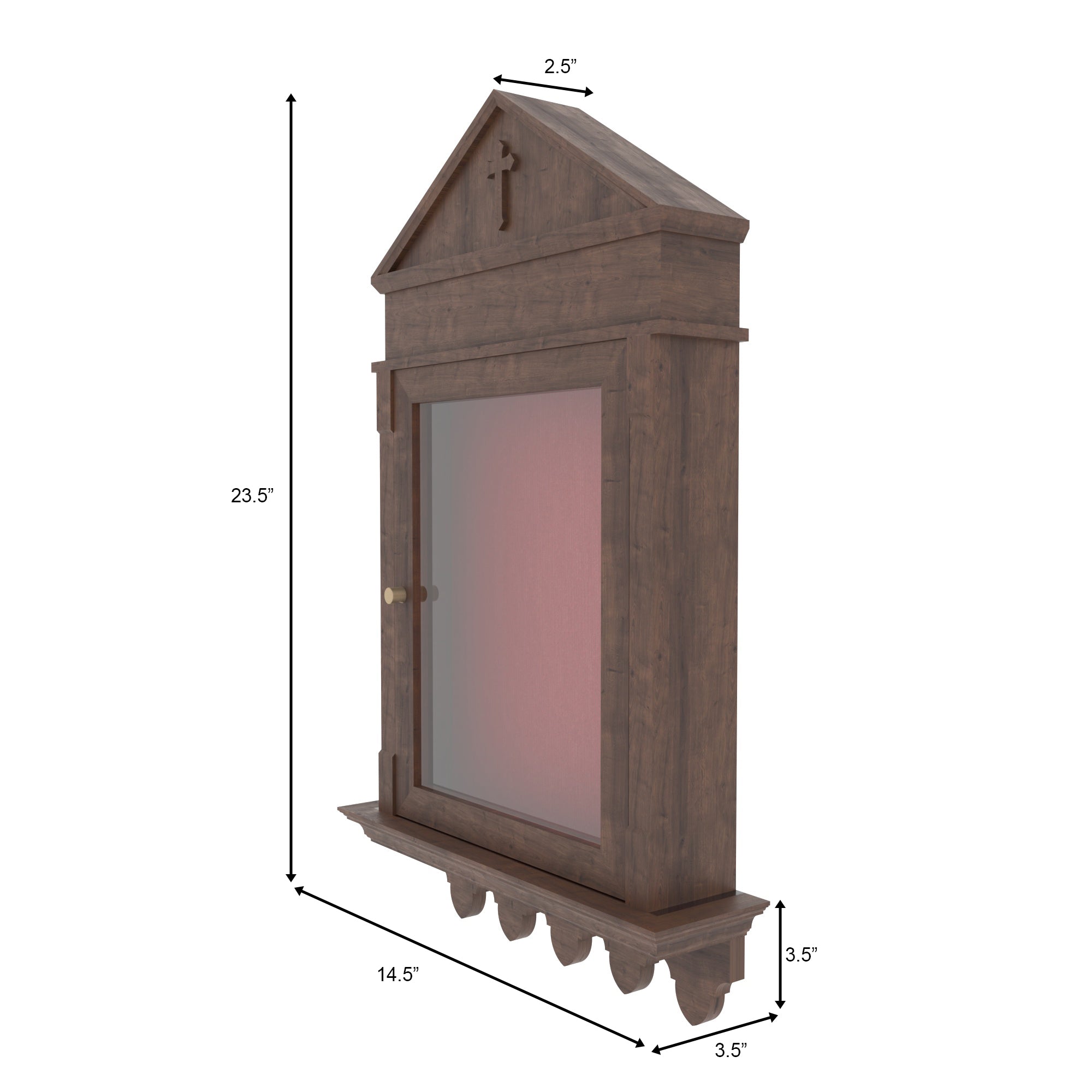 Wooden Wall-Mount Altar Cabinet with Gabled Pediment, Glass Door & Scalloped Shelf Altar