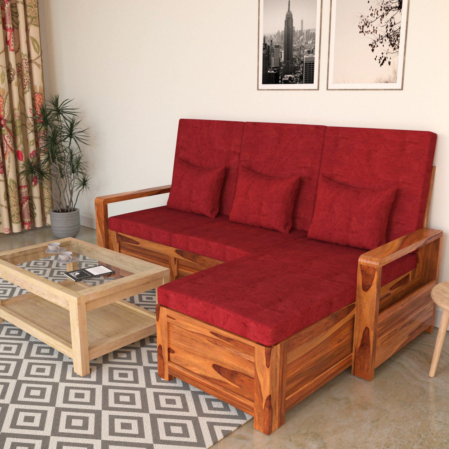 Royal Red Wooden Premium 3 Seater Sofa with Bed Storage Sofa