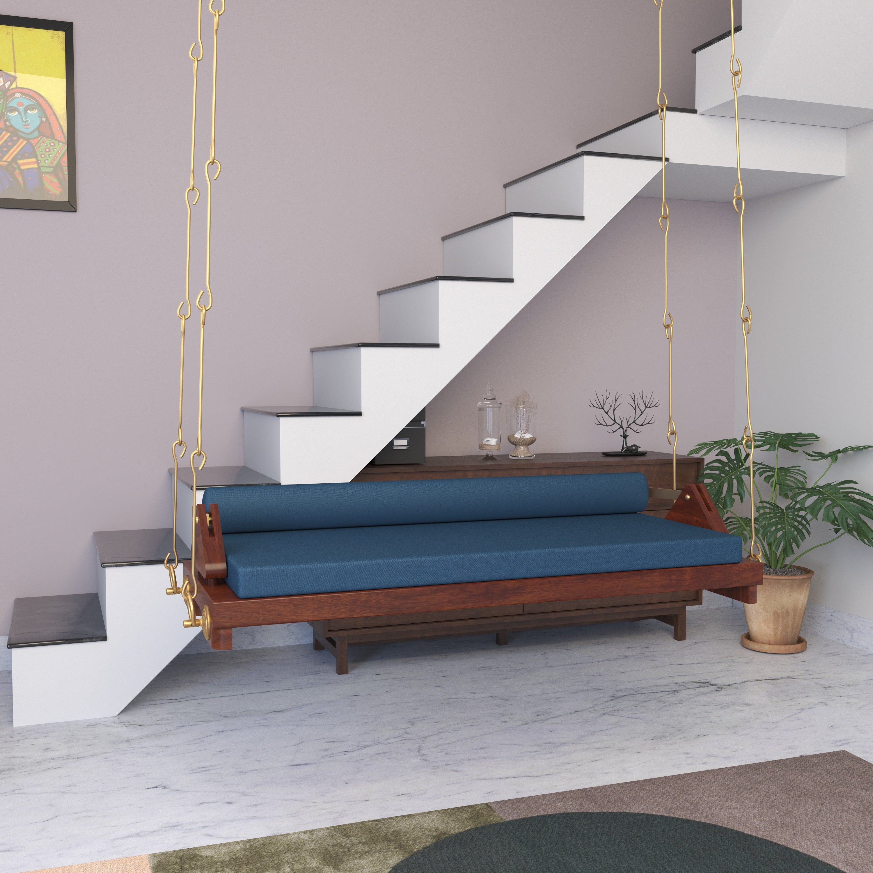 Minimalist Wooden Swing with Blue Cushions – Perfect Under Stair