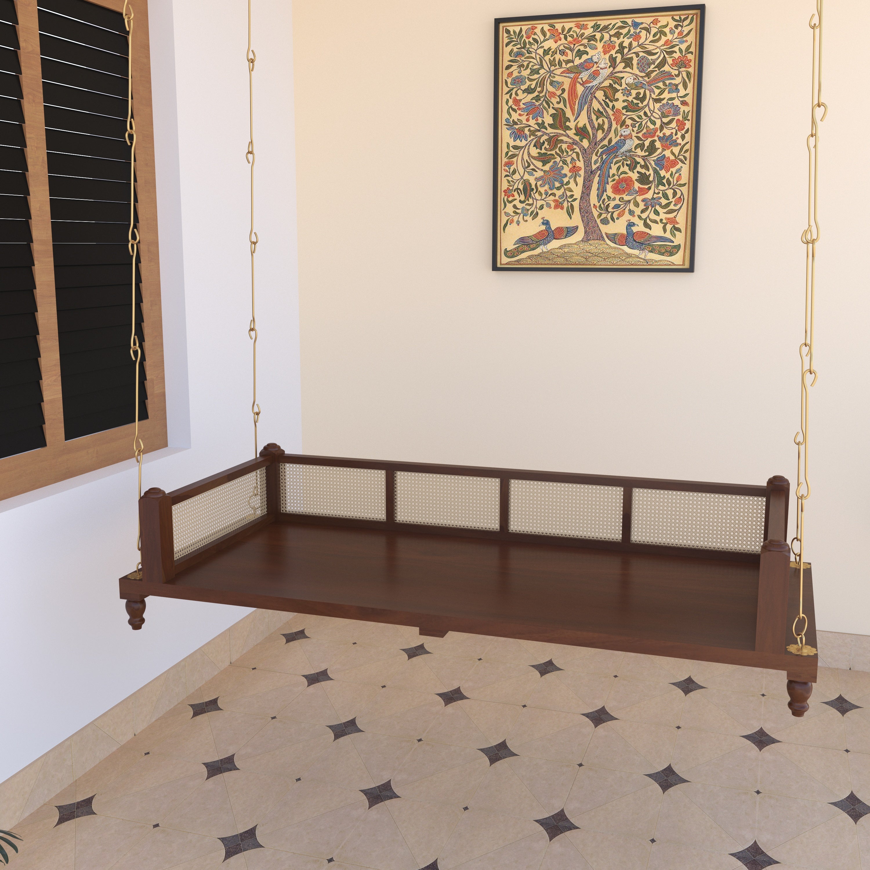 Elegant Wooden Swing for Home Interiors – Traditional Design with Cane Backrest Swing