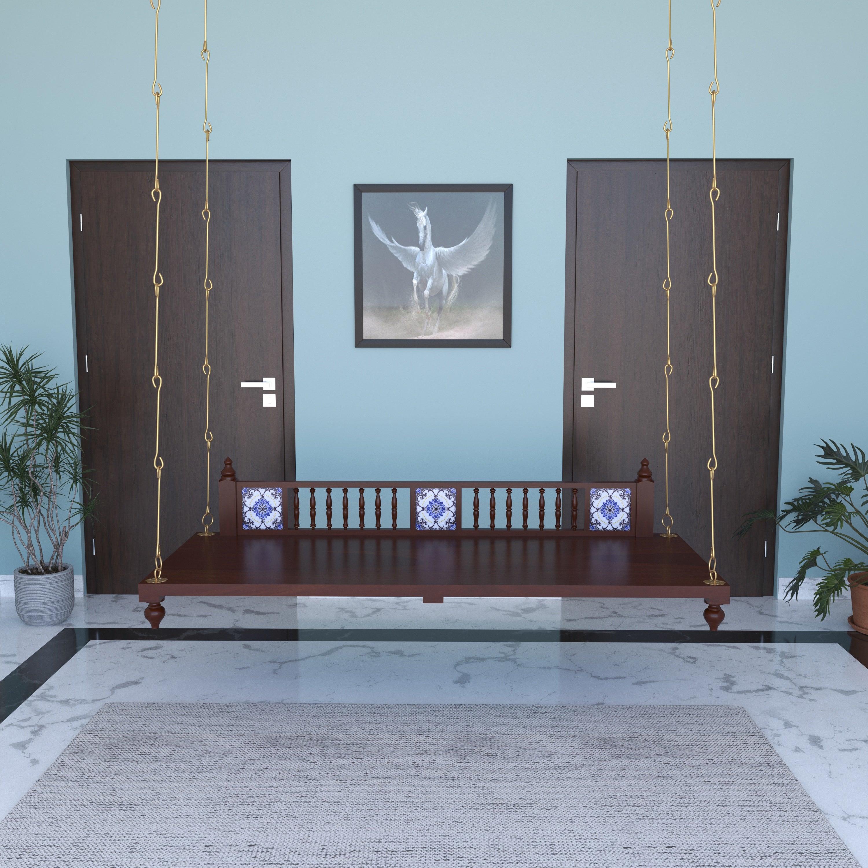 Elegant Wooden Jhula for Home | Handcrafted Indoor Swing with Brass Chains Swing