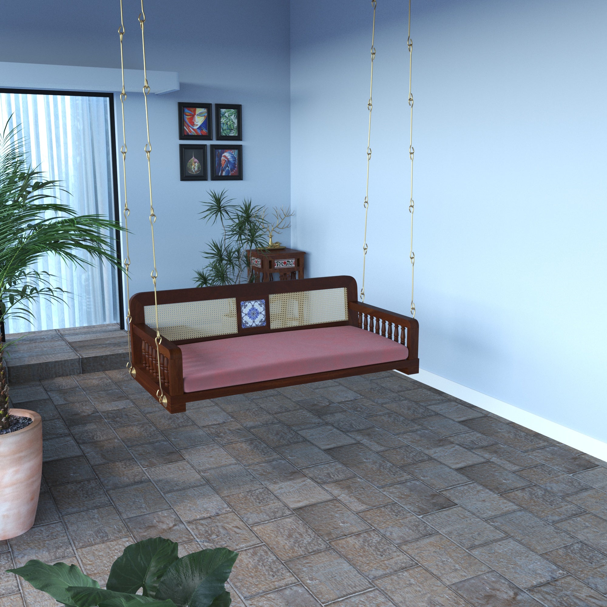 Classic Wooden Swing with Cane Backrest and Cushioned Seating