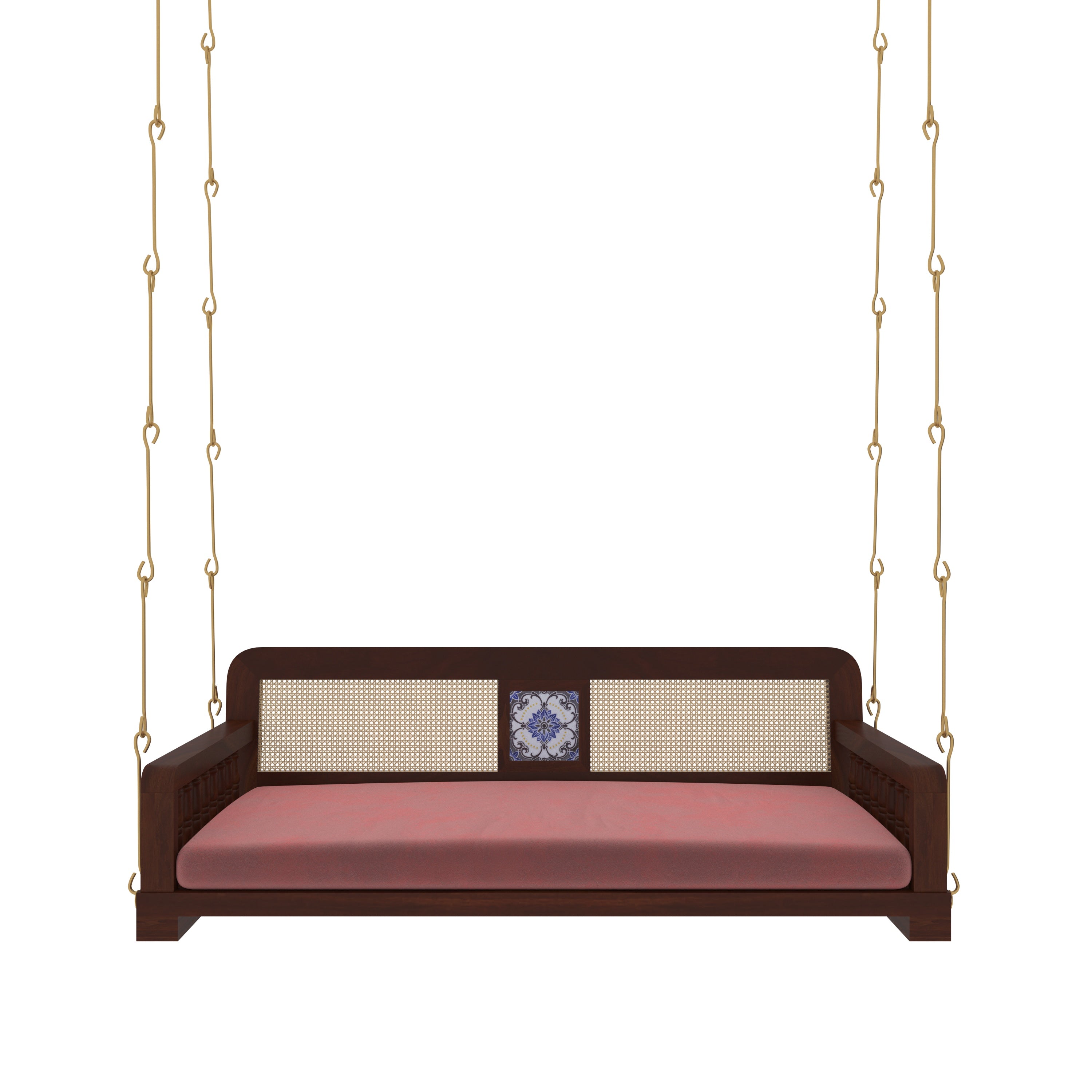 Classic Wooden Swing with Cane Backrest and Cushioned Seating – Indoor Jhula for Home Swing
