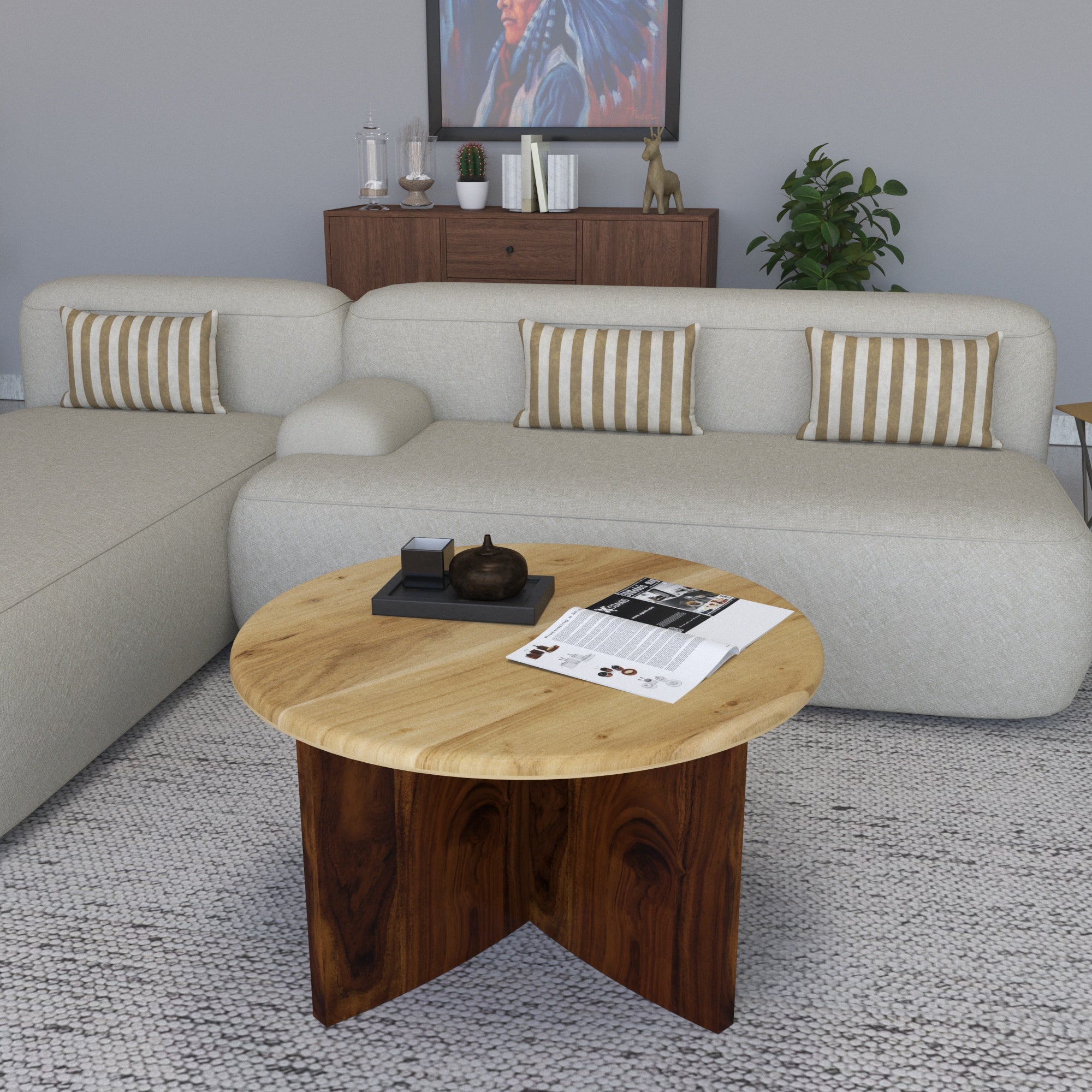 Round Solid Wood Coffee Table with Two-Tone Finish Coffee Table
