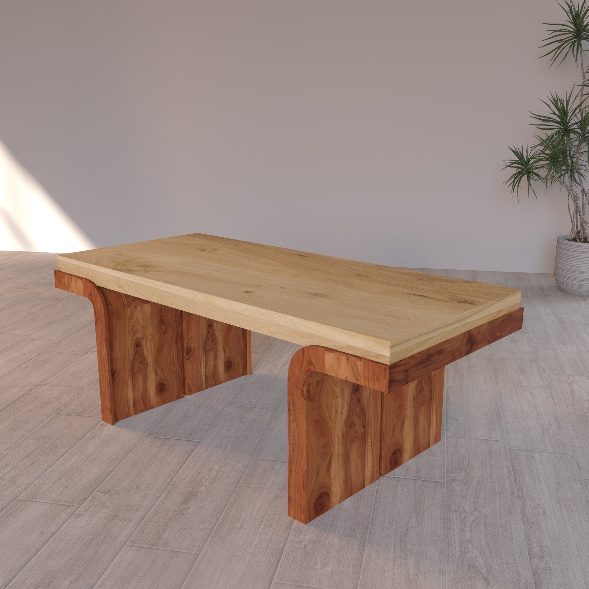 Rectangular Solid Wood Coffee Table with Dual-Tone Natural Finish