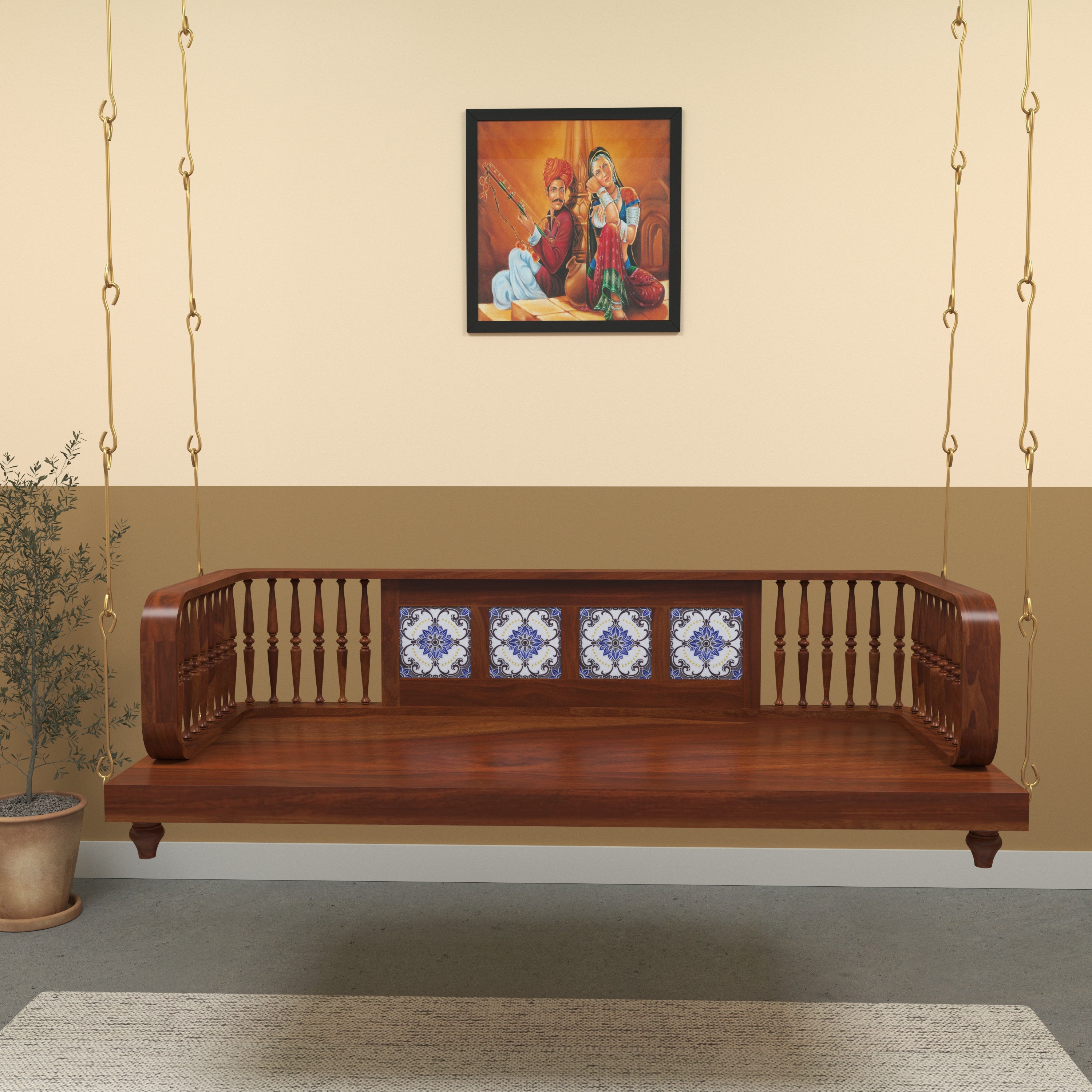 Traditional Wooden Jhula Swing with Handcrafted Tile Inlay