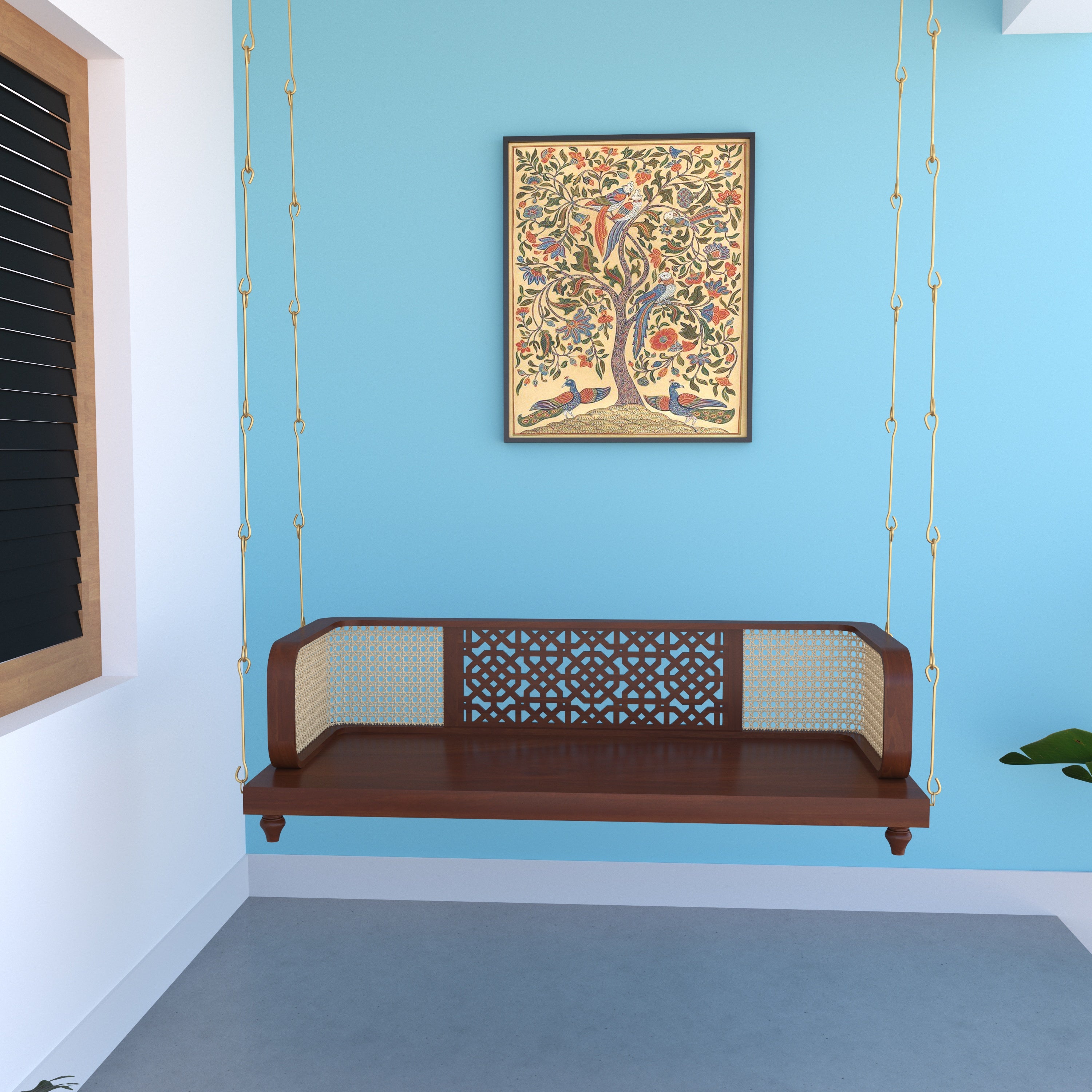 Handcrafted Wooden Swing with Traditional Carving – Perfect for Elegant Living Spaces Swing