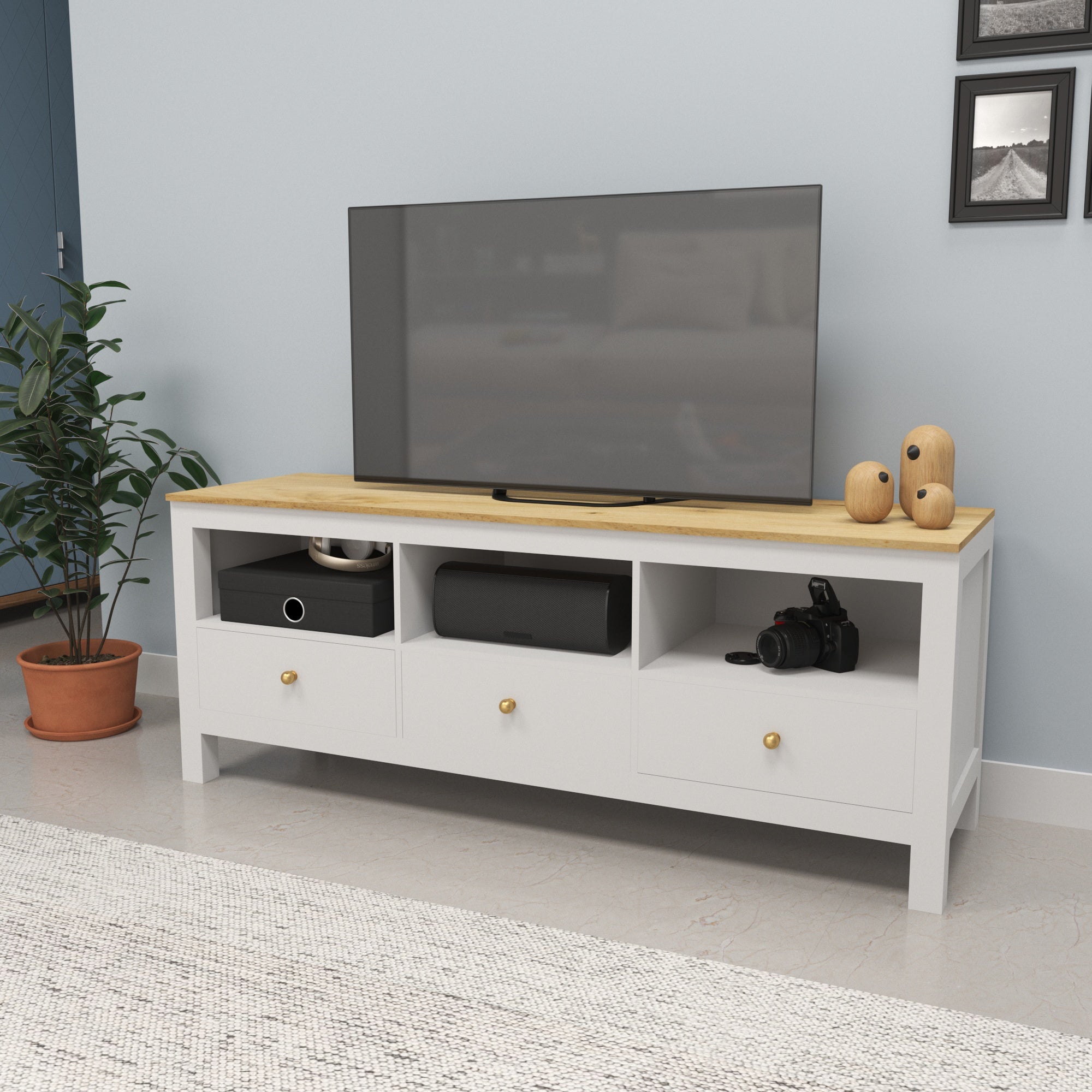 Modern White TV Unit with Drawers & Open Shelves – Wooden Top Finish Tv stand
