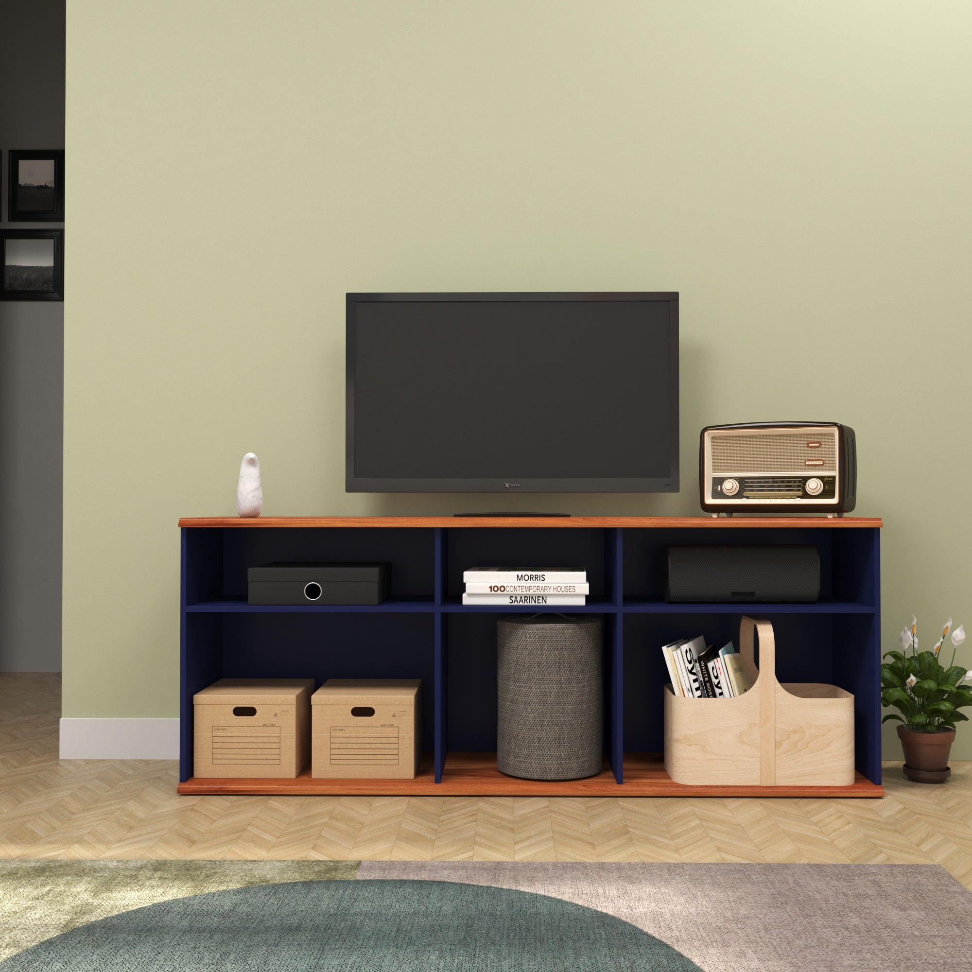 Modern Navy Blue Open Shelf TV Console with Wooden Accents Tv stand