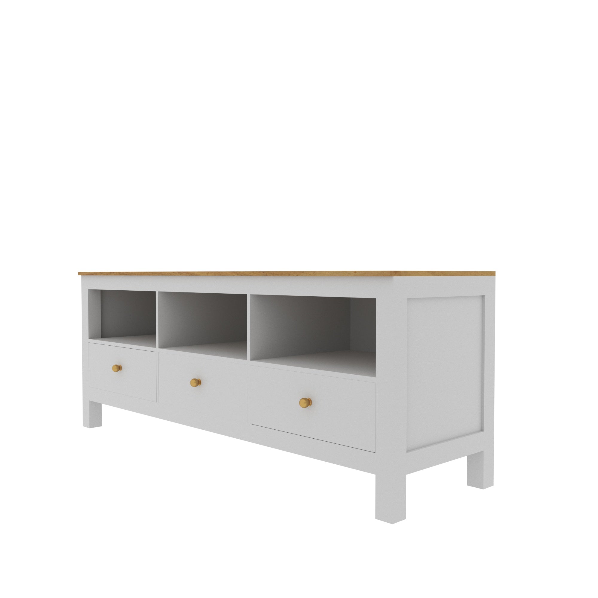 Modern White TV Unit with Drawers & Open Shelves – Wooden Top Finish Tv stand