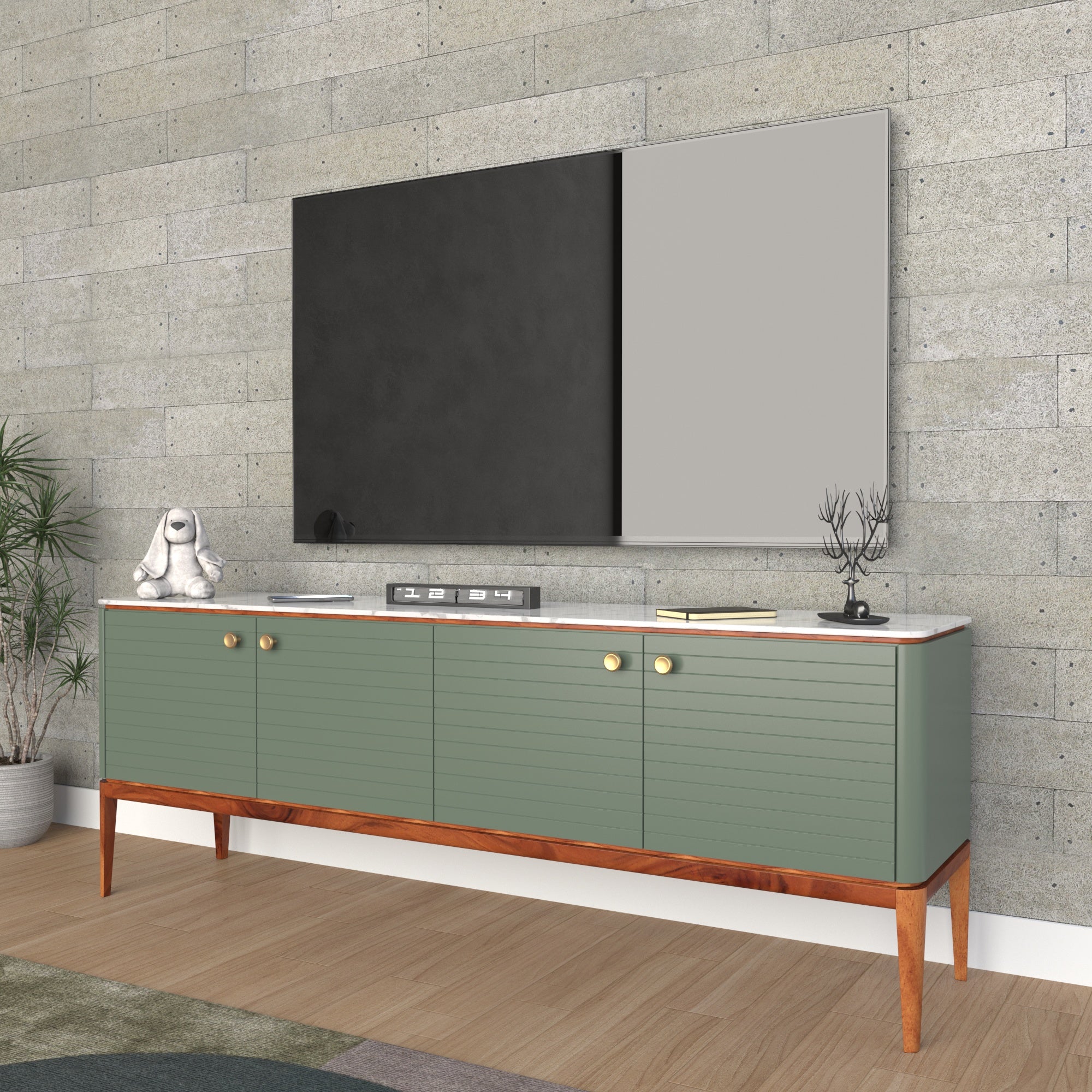Modern Olive Green Wooden Sideboard with Gold Knobs Tv stand