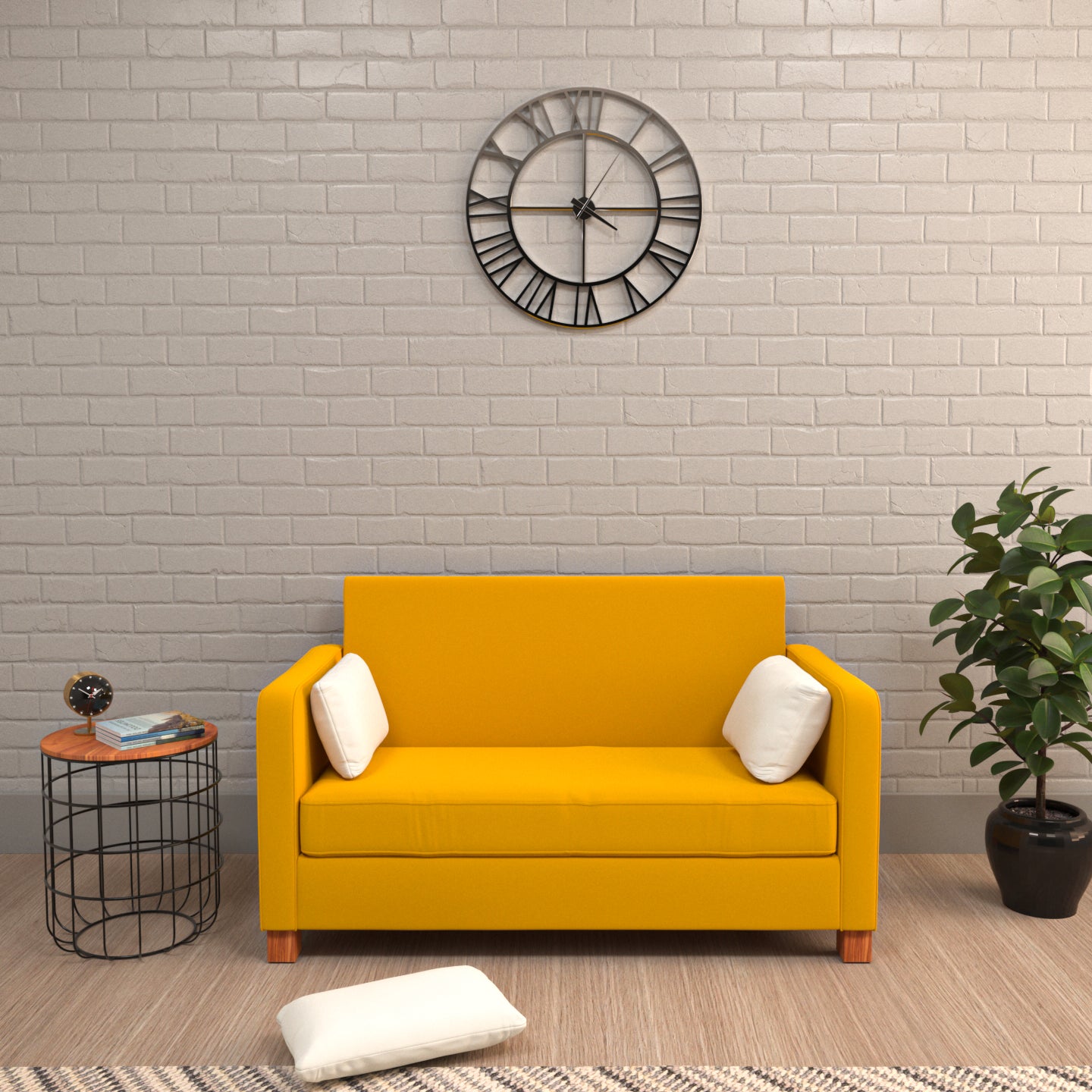 Double Seater Yellow Upholstered Sofa with 2 Cushions Sofa