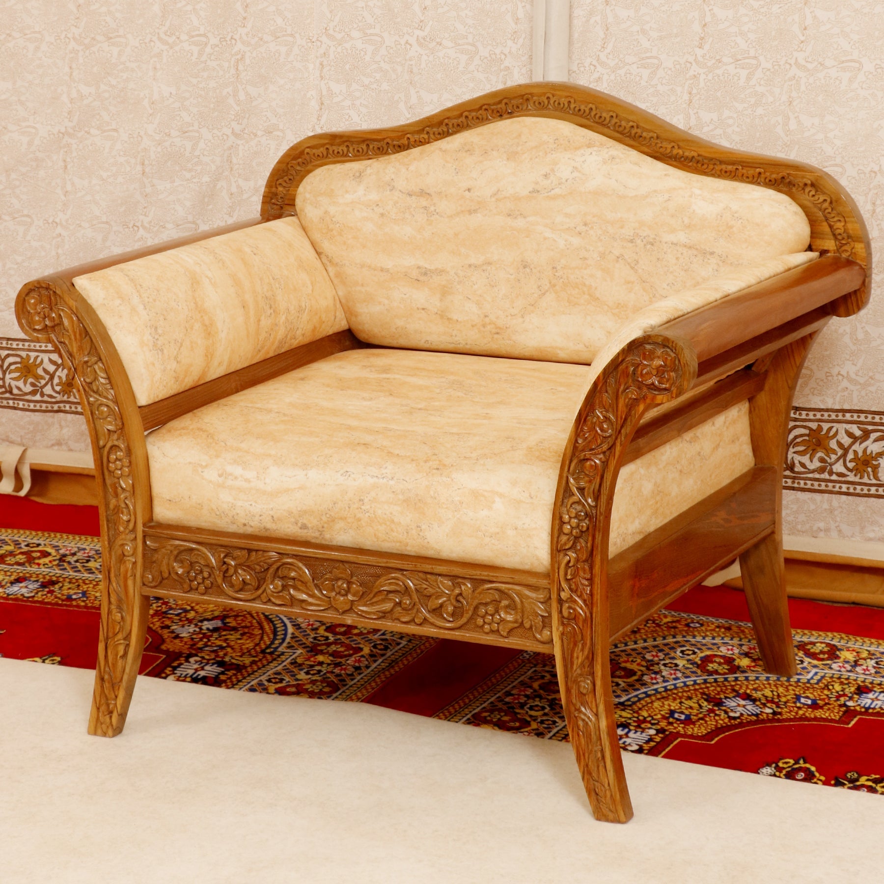 Intricate carved teak wood Single seater sofa Sofa