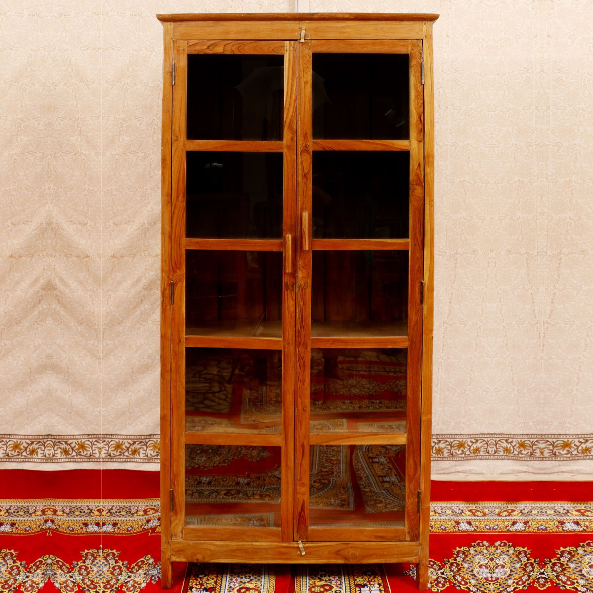 4-Shelf Long Teak Display Cabinet Showcase