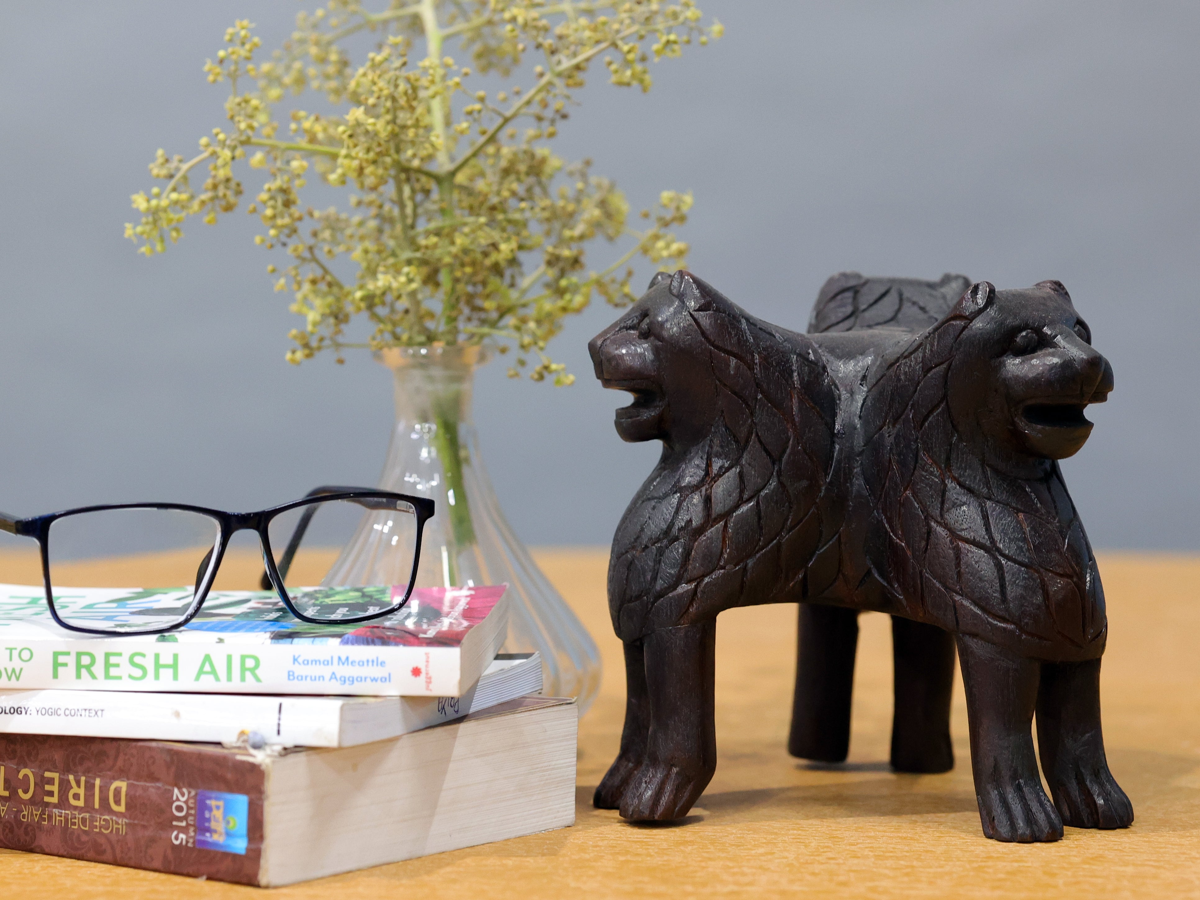 3 Faced wooden Lion Figurehead Animal Figurine