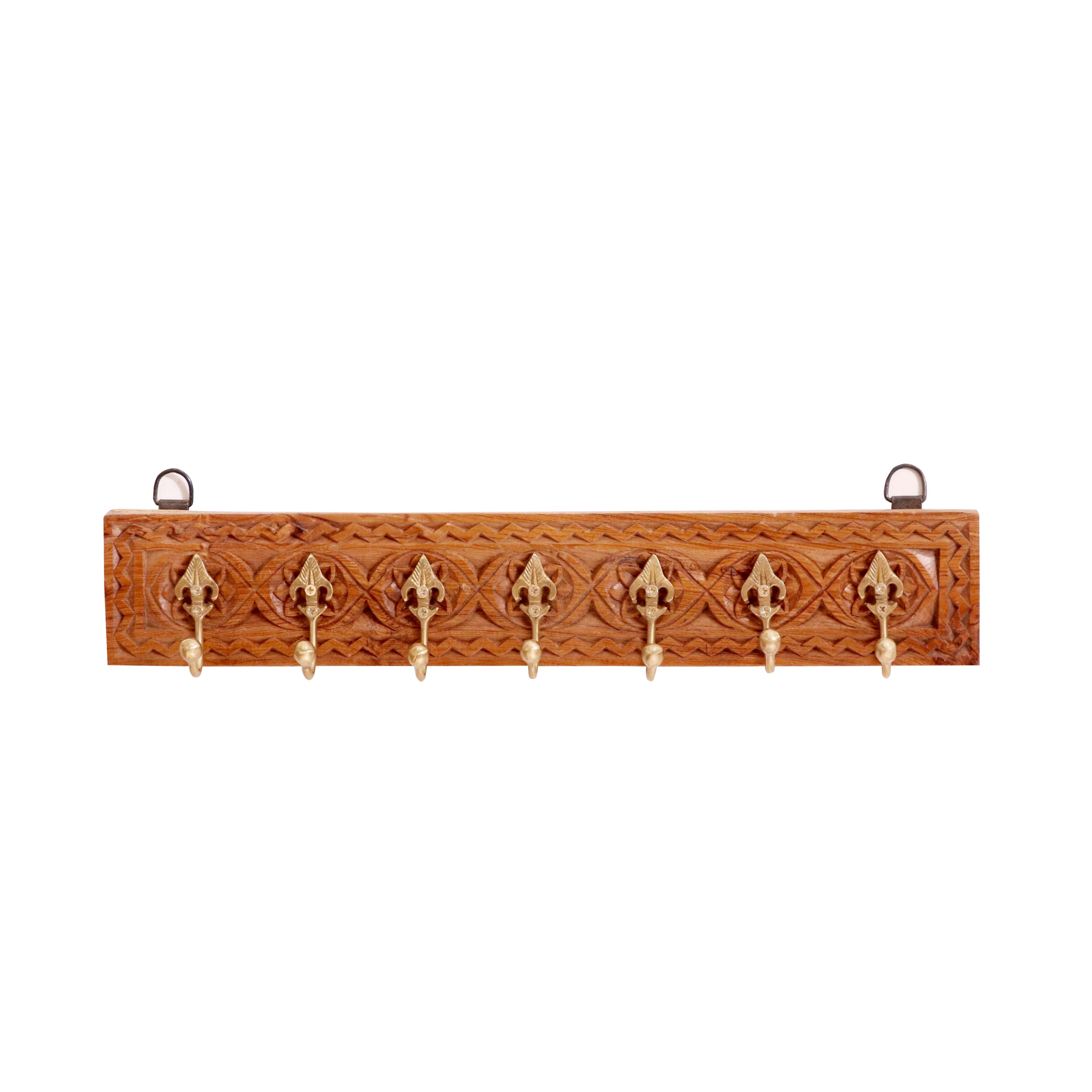 Solid wood carved 7 Brass fitted wall hanging hook Hook