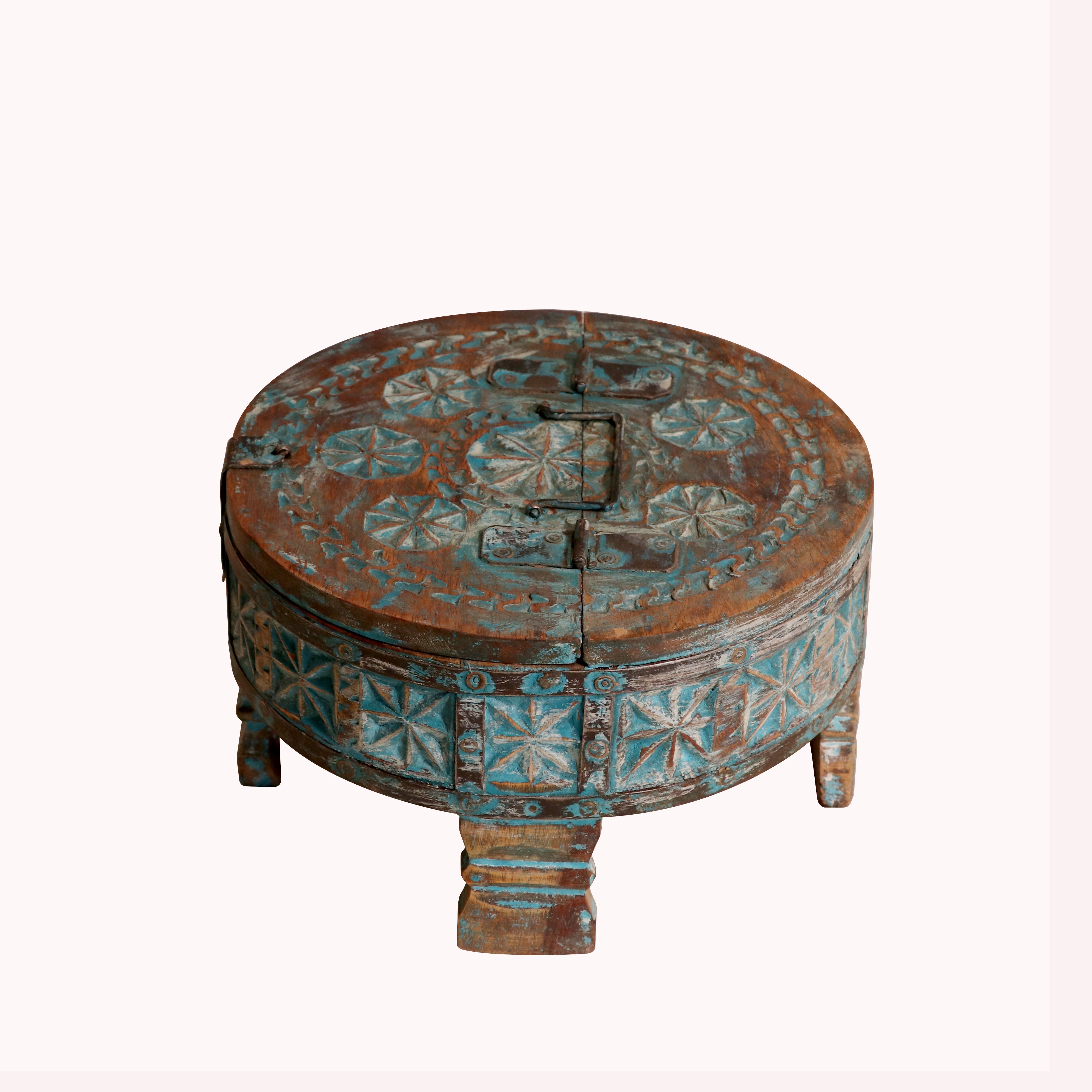 Wooden Blue colour distressed Chakki box with Lid Wooden Box