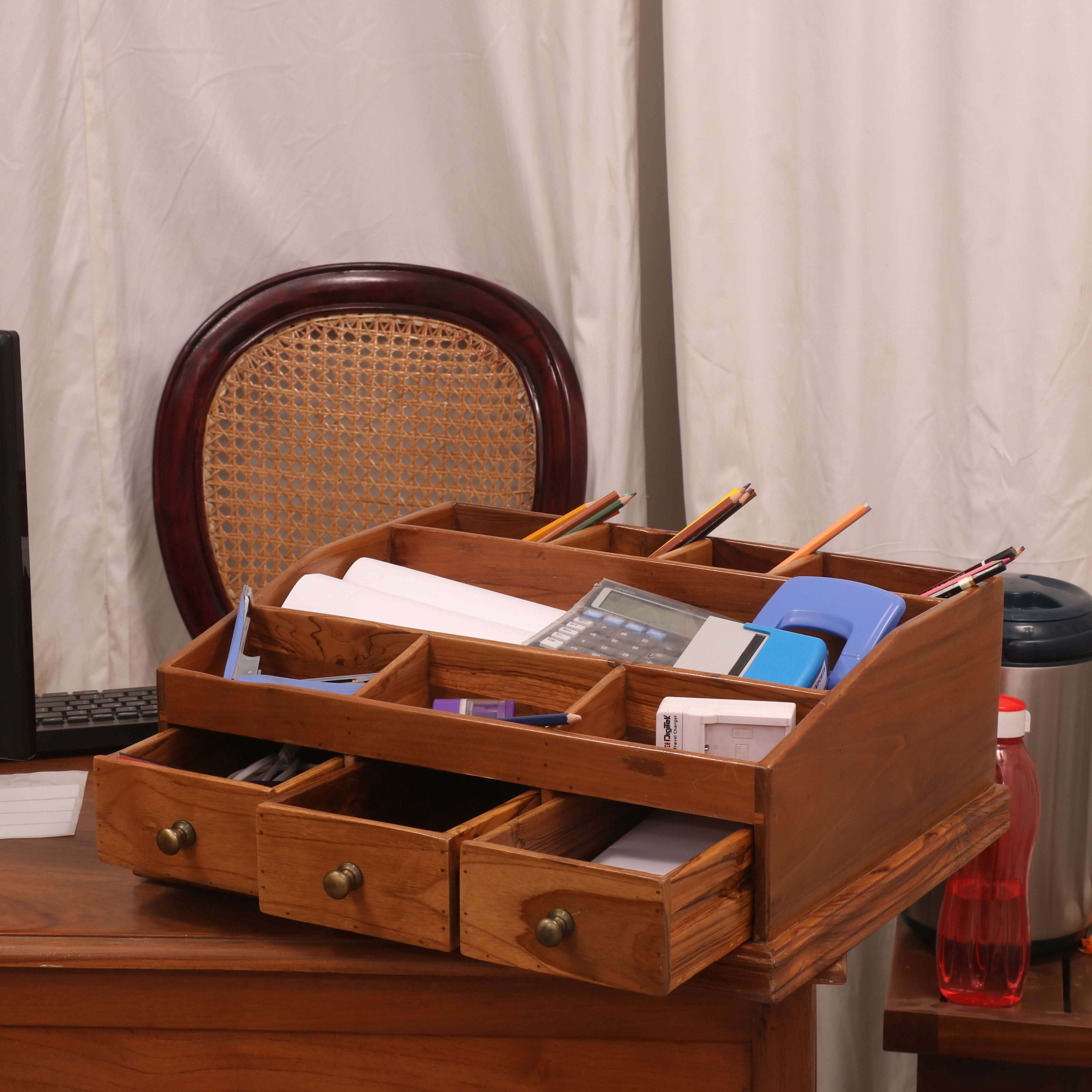 Natural Brown Finished Wooden Desk Organizer – 11 Slots Desk Organizer