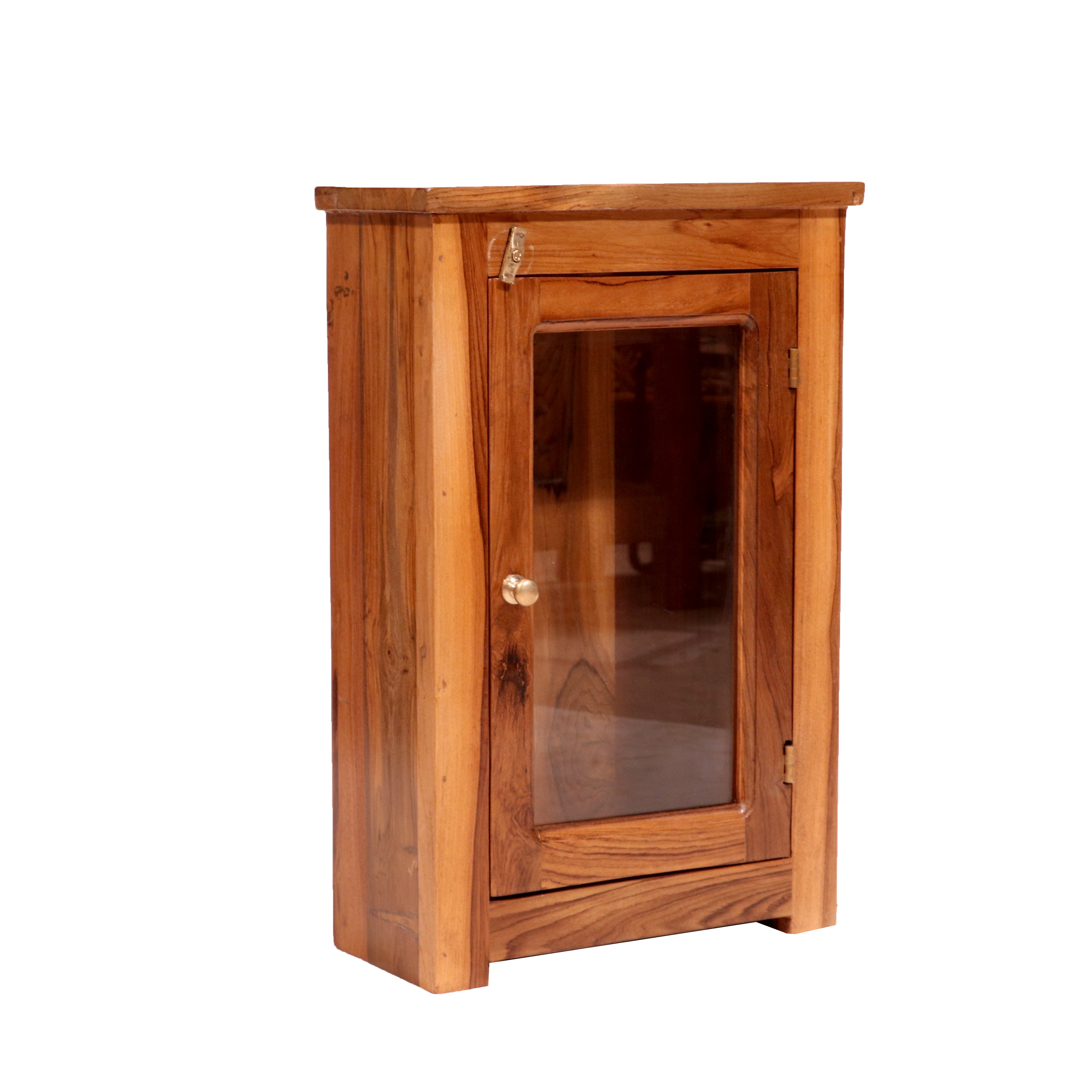 Solid teak glass door compact wall hanging cabinet Rack