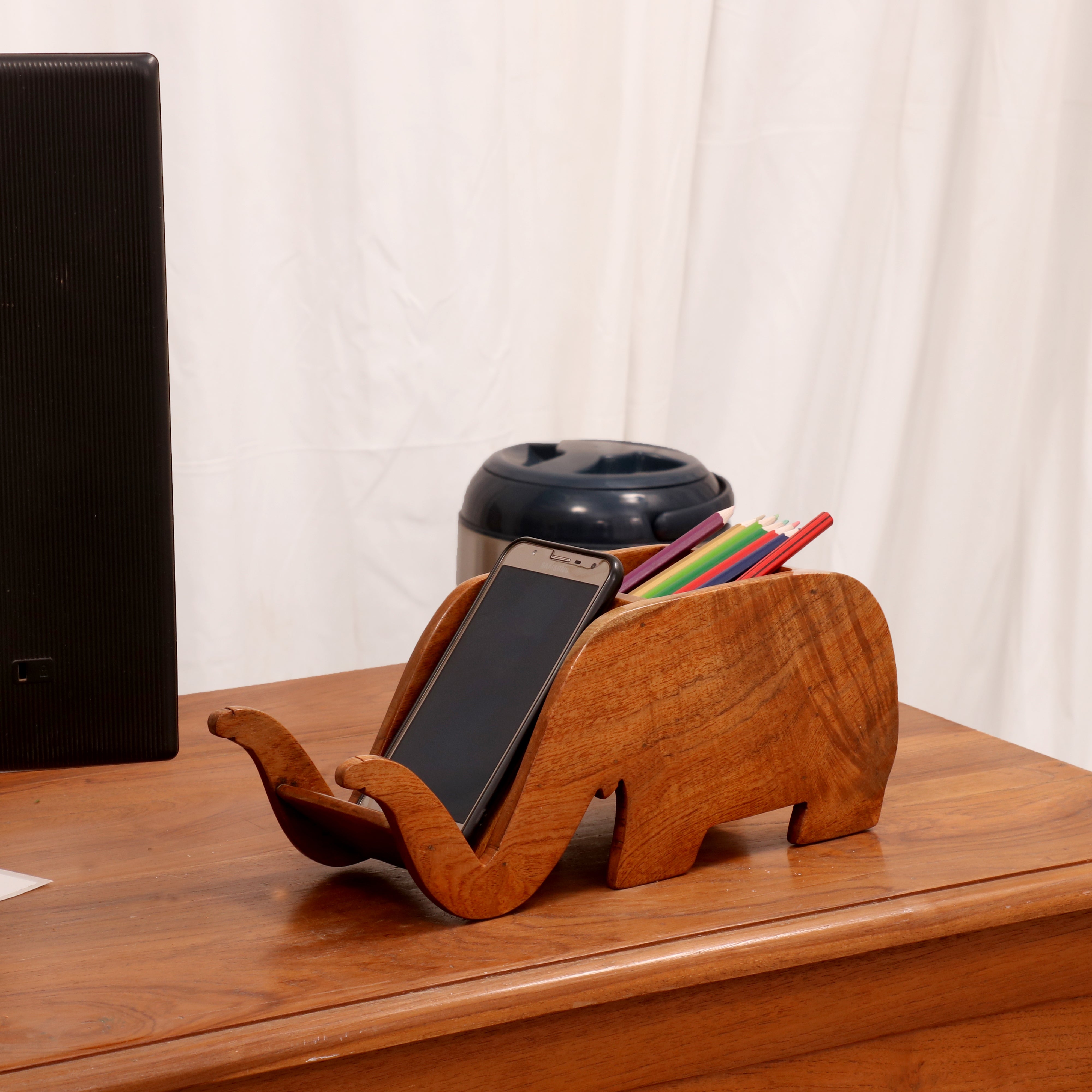 Elephant Pen Holder with Mobile Stand (Natural Tone)