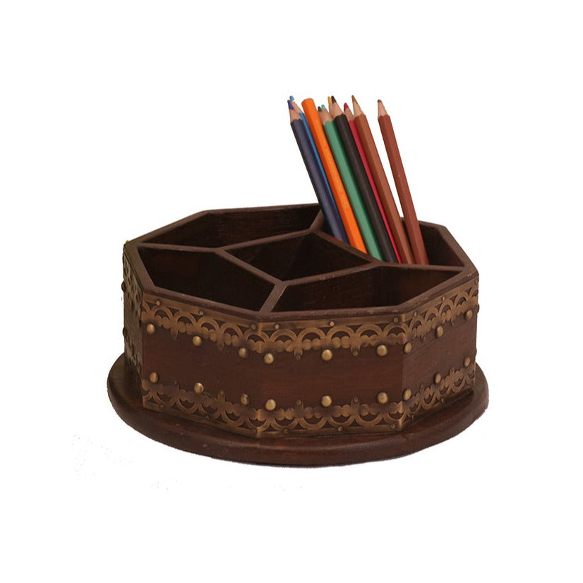 Unique Dark Finished Wooden 5-Slot Pen Pencil Holder Desk Organizer