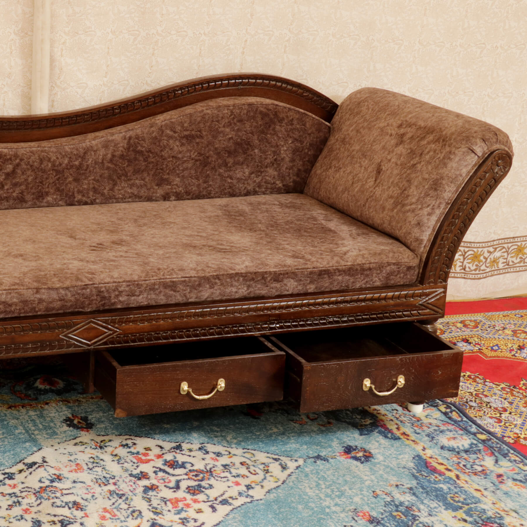Brown Three Seater Comfy Sofa with Two Drawers Sofa